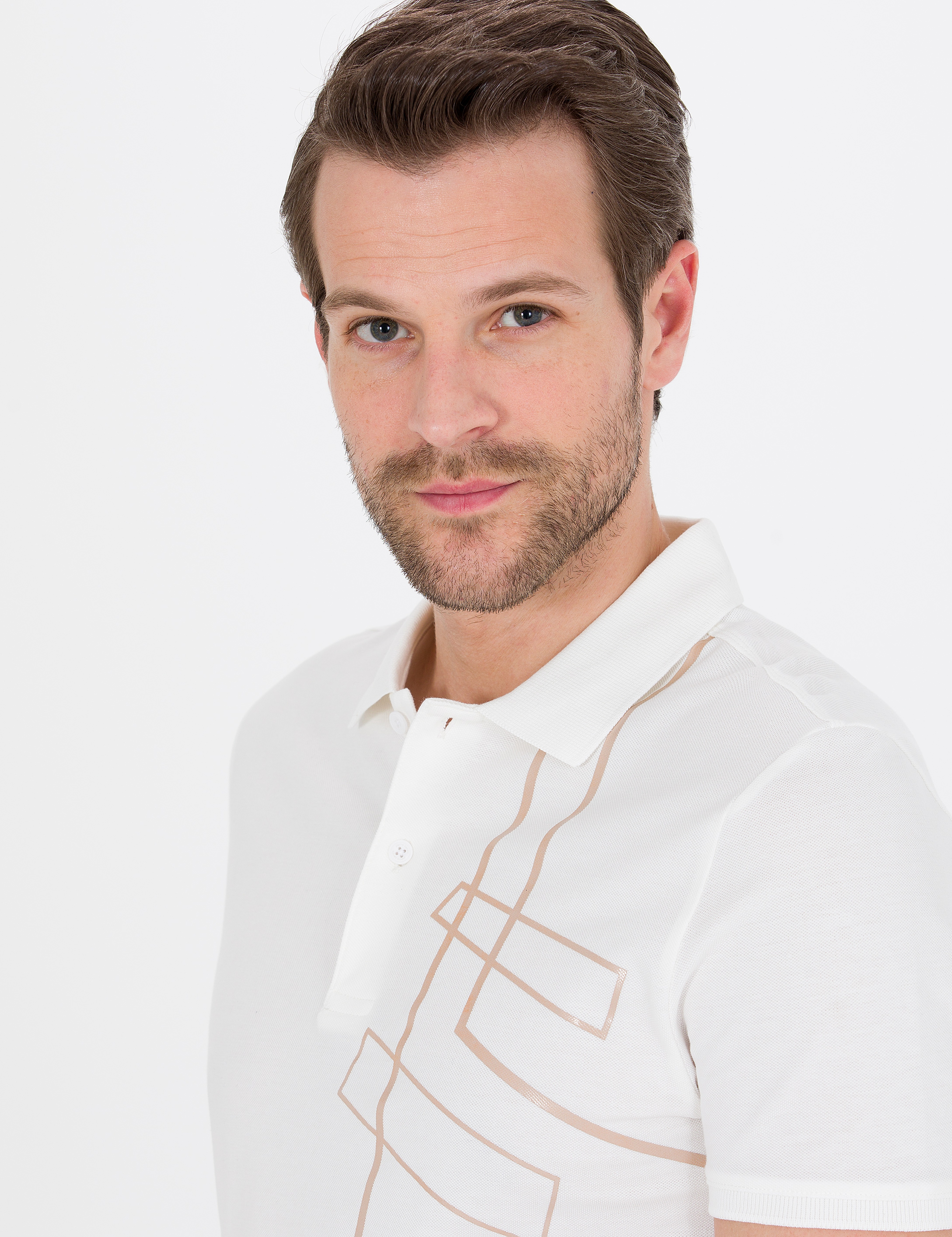 Ekru Slim Fit Baskılı Polo Yaka Tişört - Image 2
