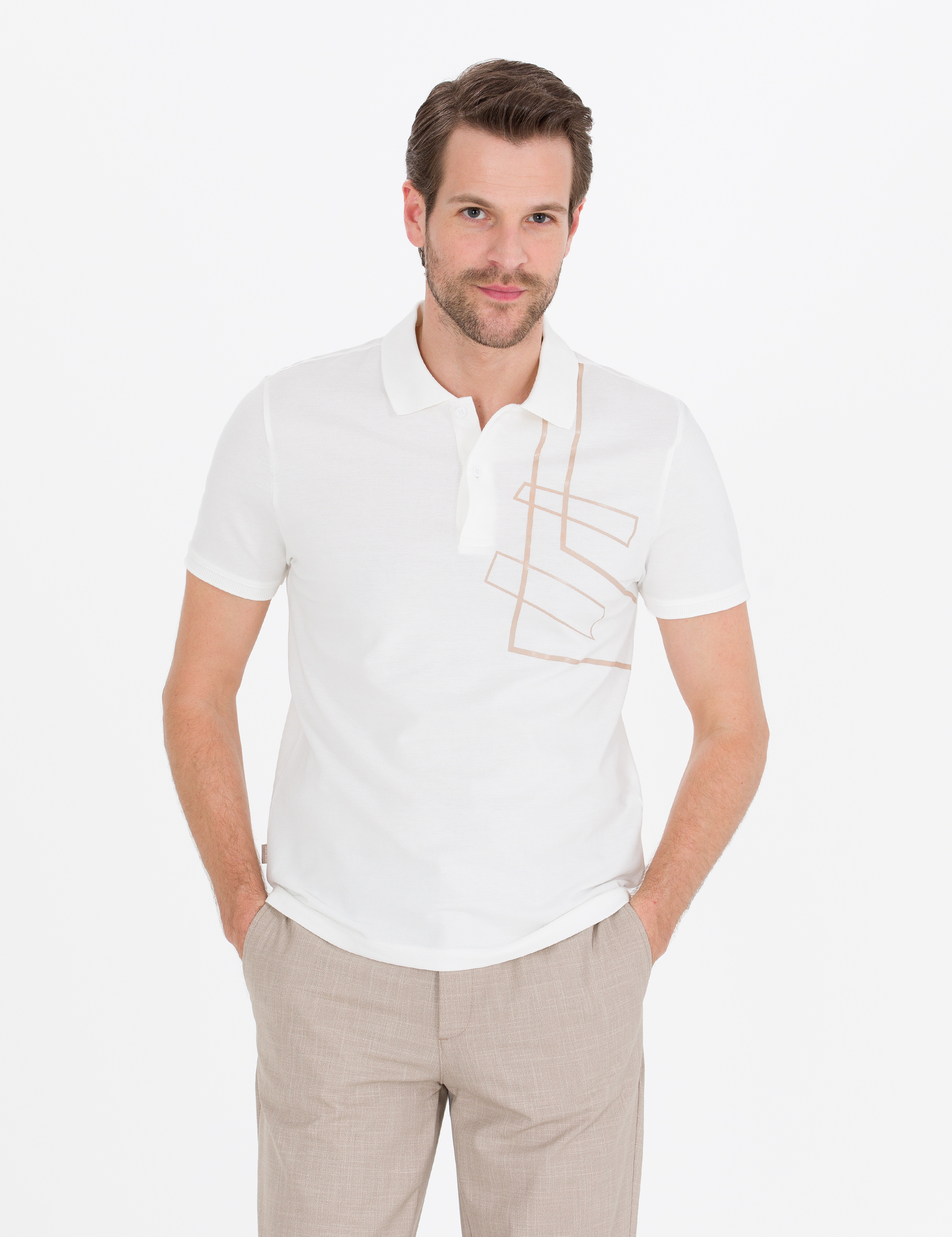 Ekru Slim Fit Baskılı Polo Yaka Tişört - Image 3