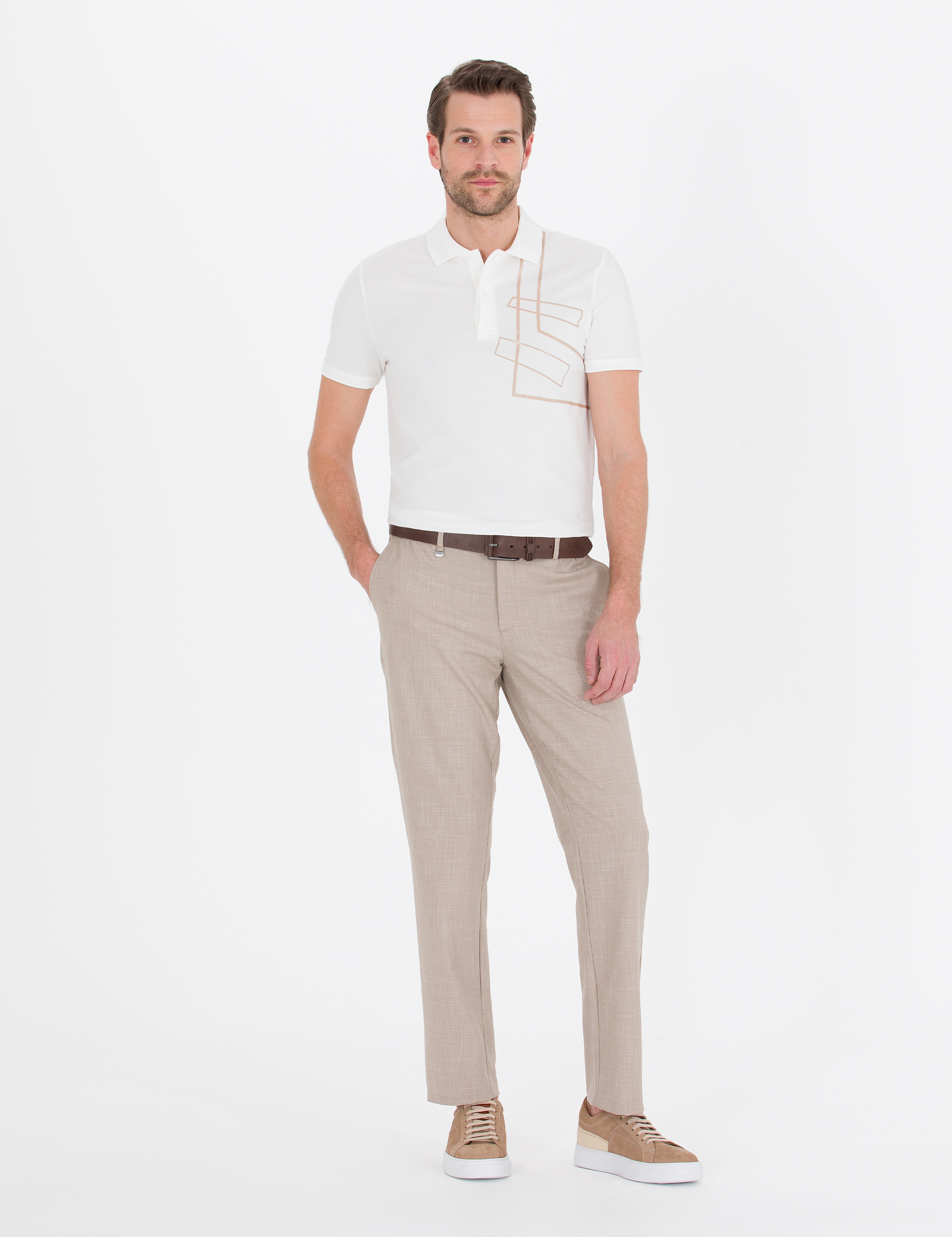 Ekru Slim Fit Baskılı Polo Yaka Tişört - Image 4