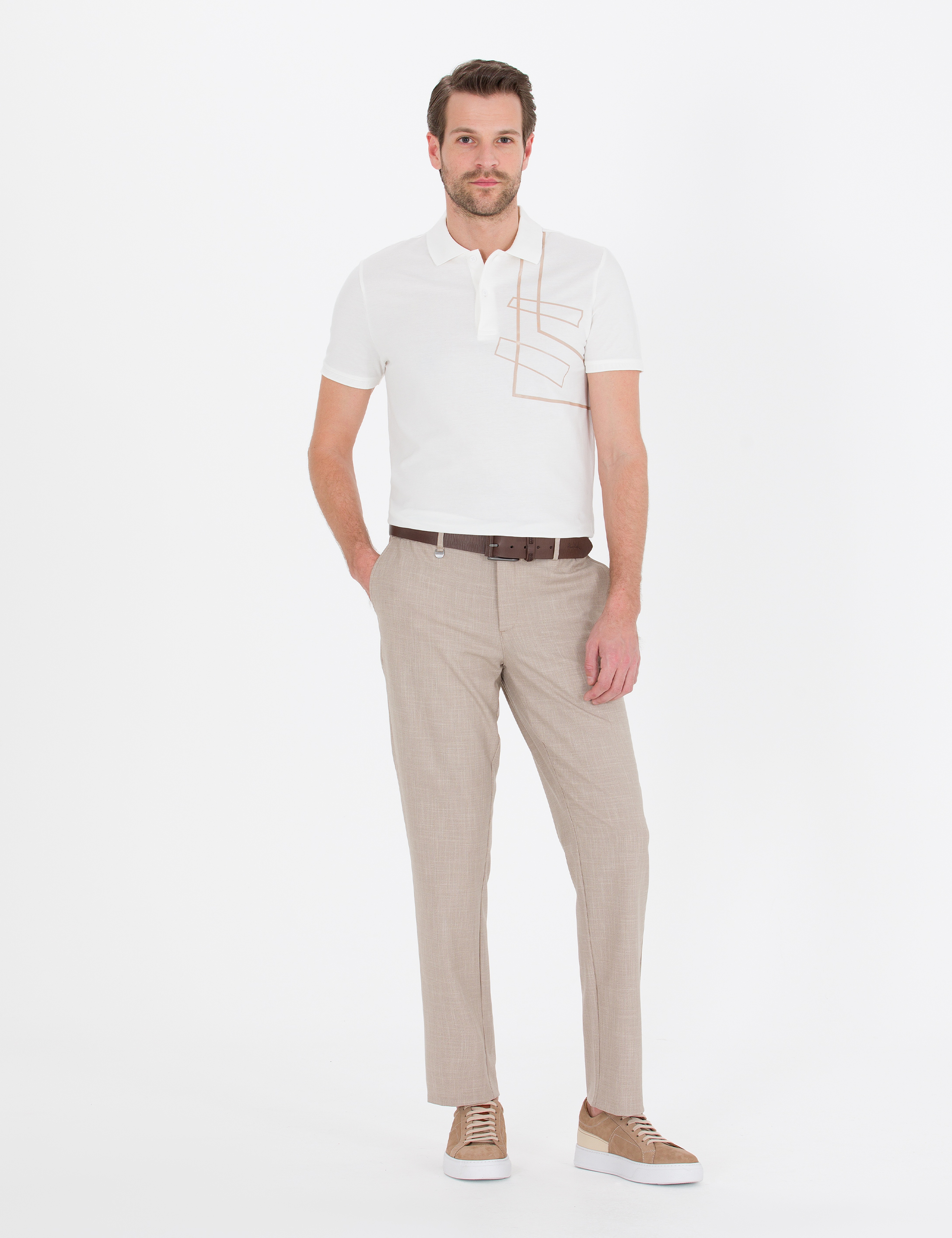 Ekru Slim Fit Baskılı Polo Yaka Tişört