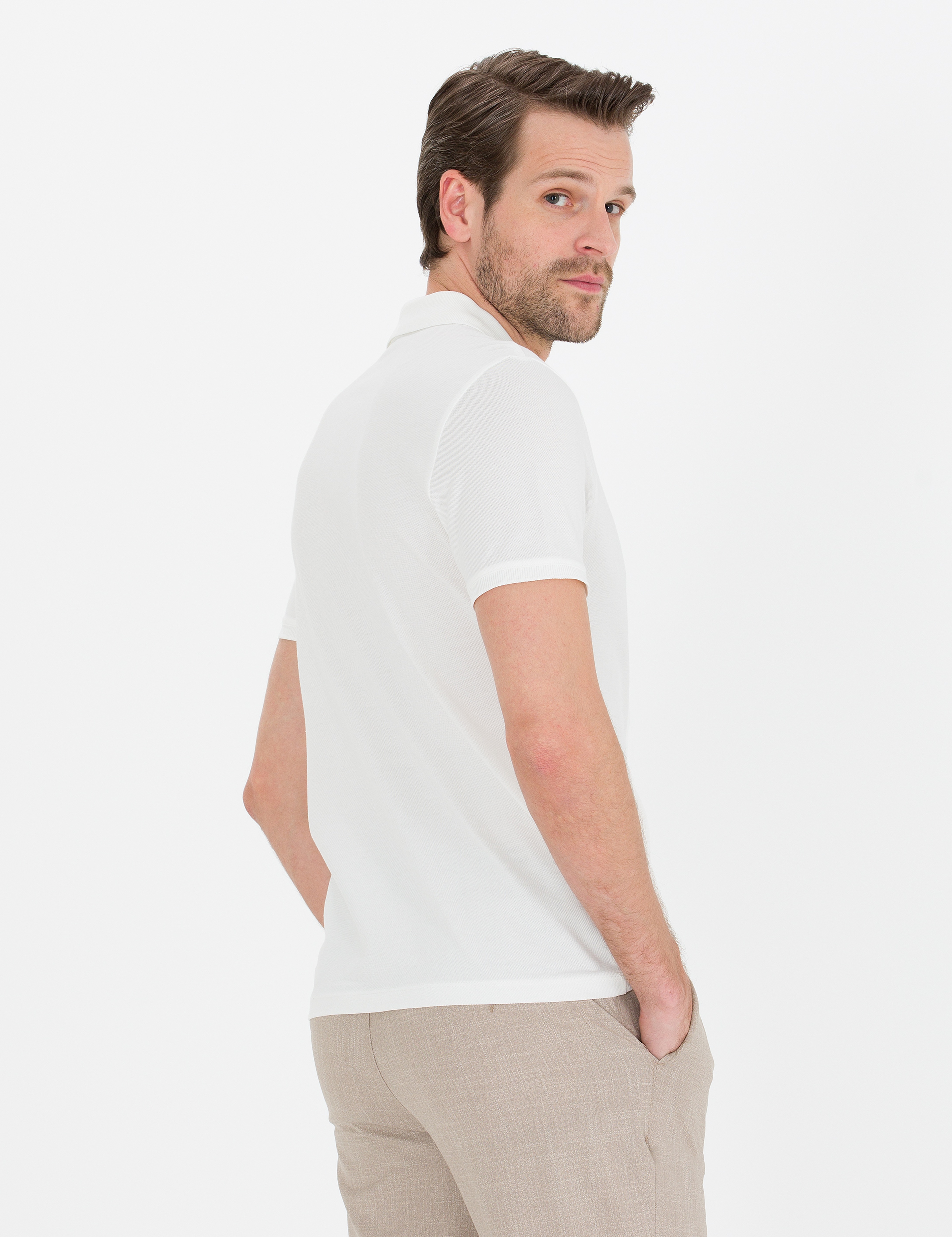 Ekru Slim Fit Baskılı Polo Yaka Tişört - Image 5