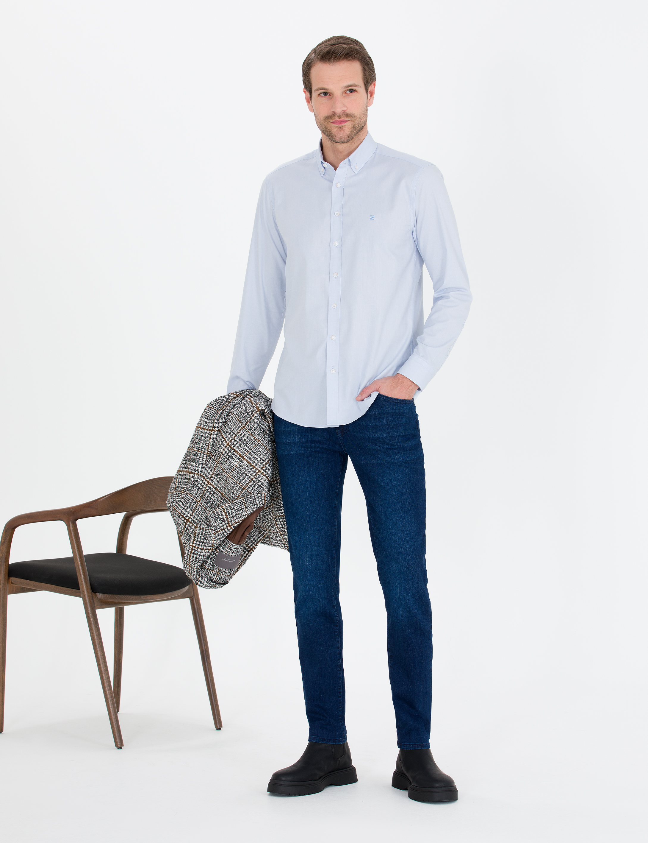 Açık Mavi Slim Fit Uzun Kollu Gömlek - Image 4