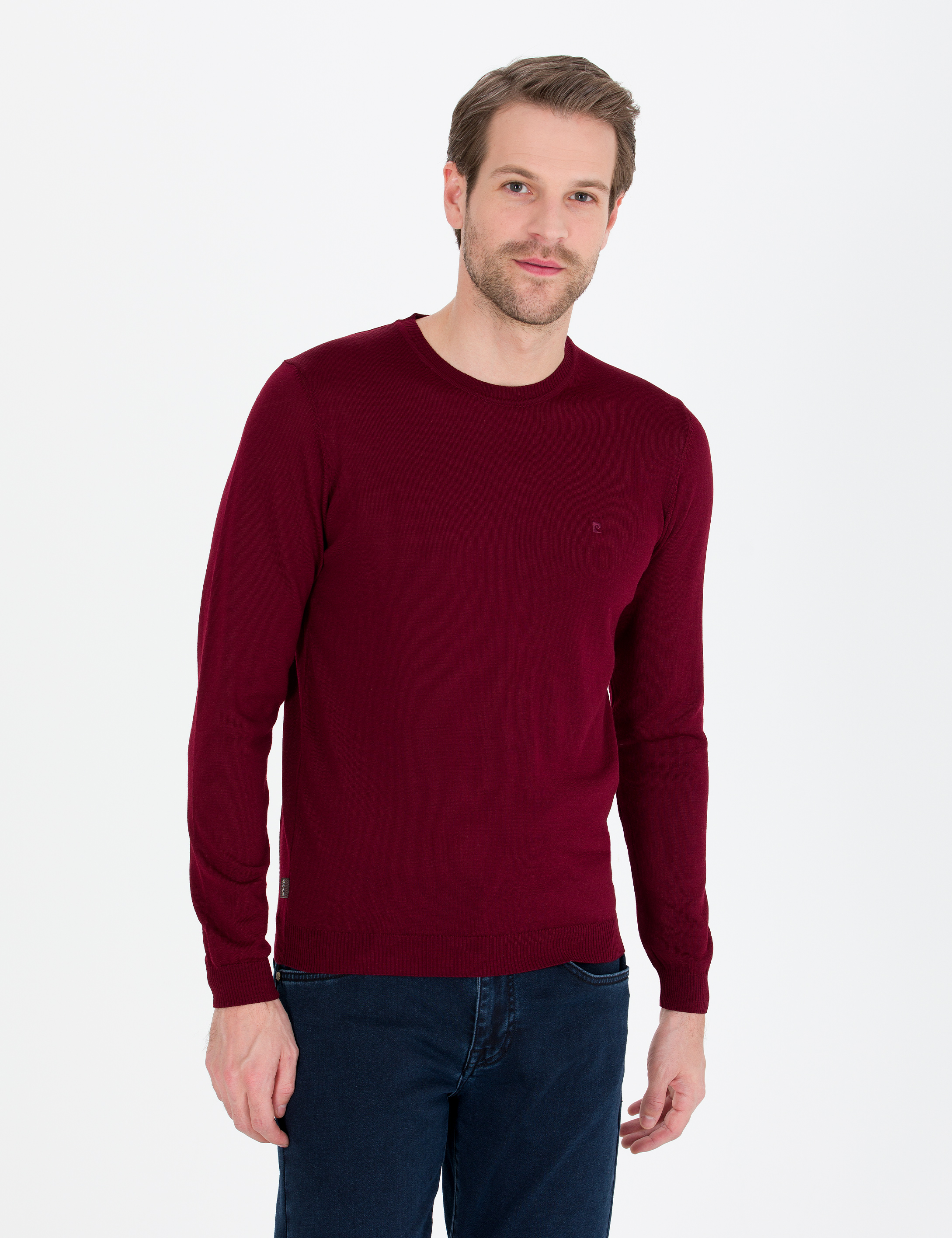 Kırmızı Slim Fit Bisiklet Yaka Yün Karışımlı Basic Triko Kazak