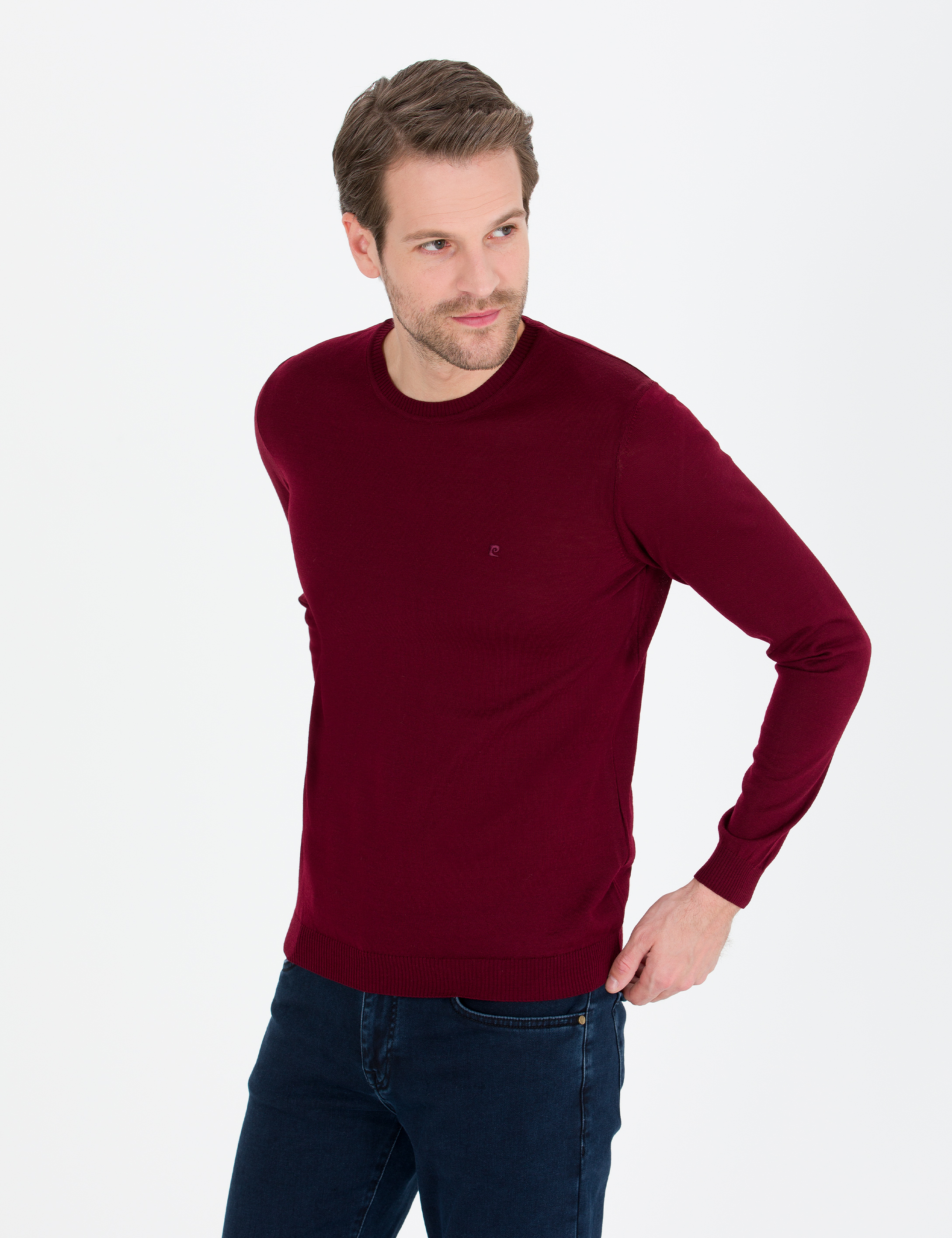 Kırmızı Slim Fit Bisiklet Yaka Yün Karışımlı Basic Triko Kazak - Image 2