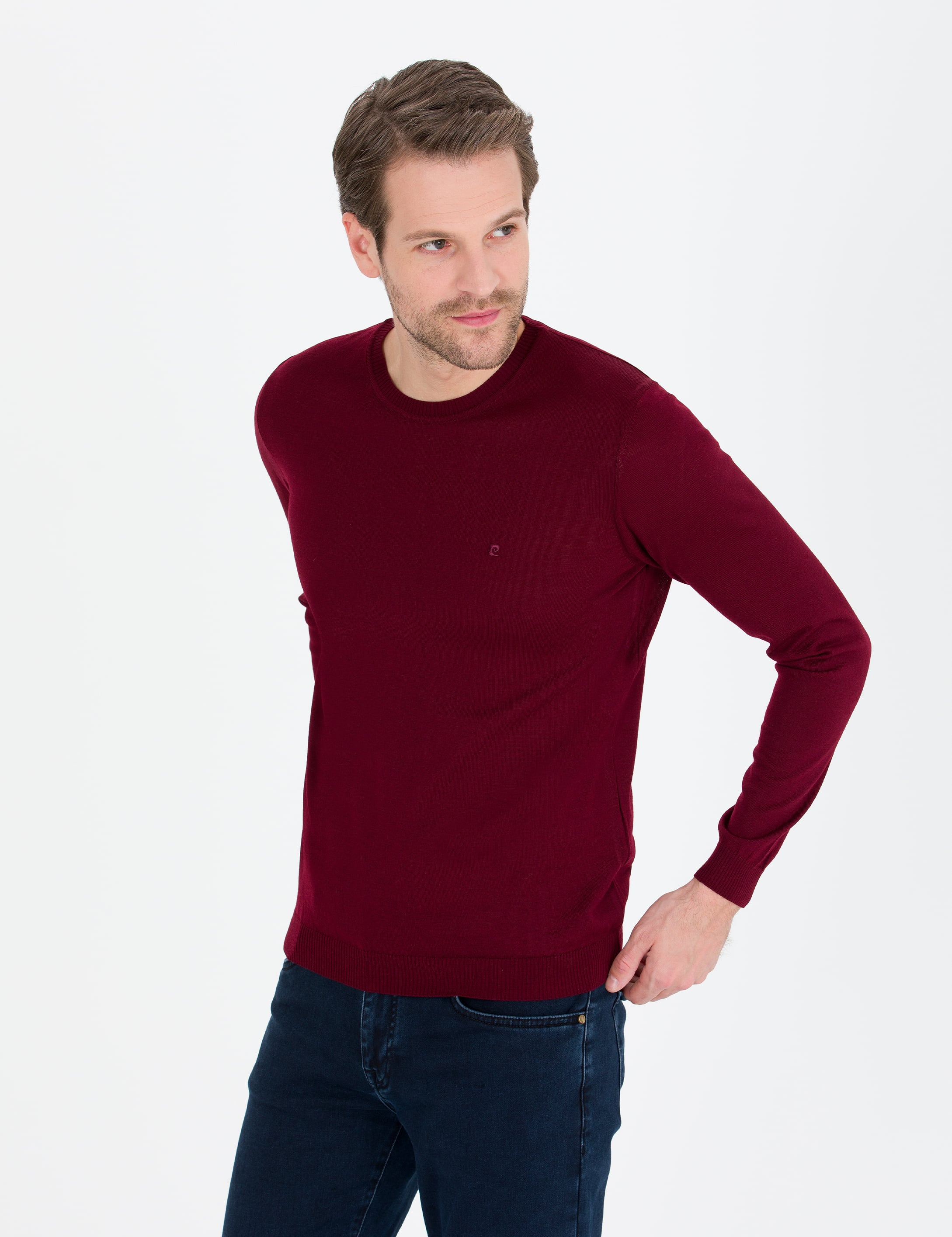 Kırmızı Slim Fit Bisiklet Yaka Yün Karışımlı Basic Triko Kazak