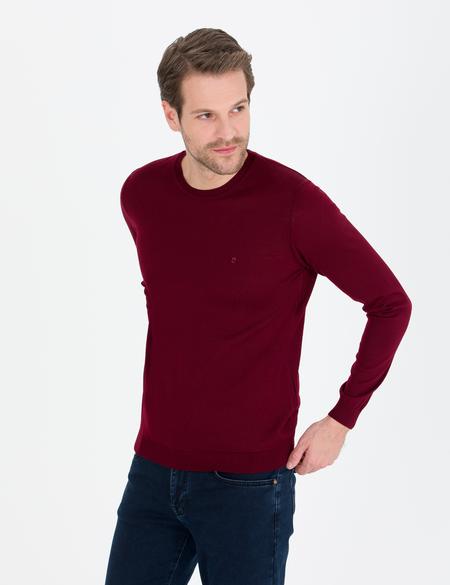 Kırmızı Slim Fit Bisiklet Yaka Yün Karışımlı Basic Triko Kazak - 50257301007