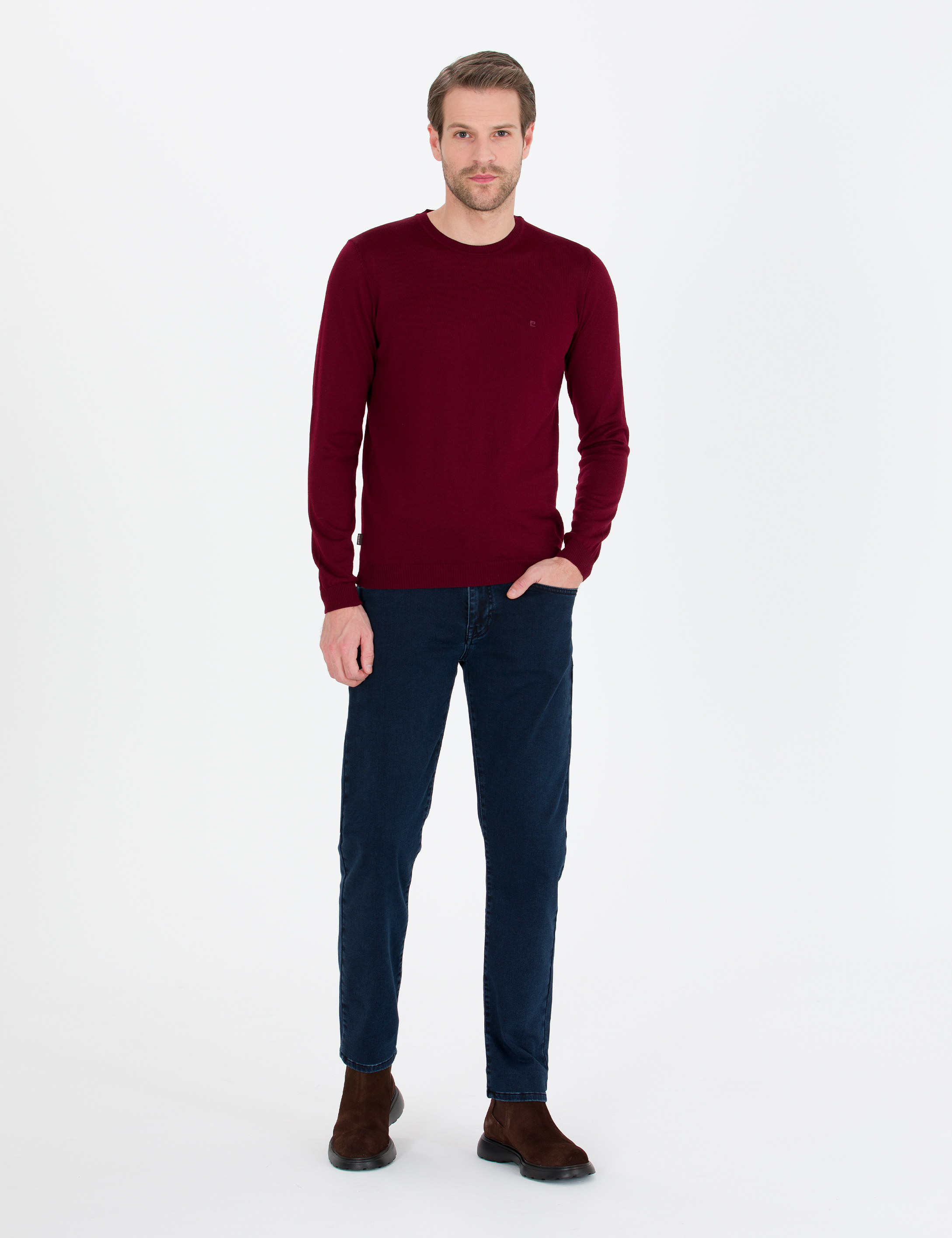 Pierre Cardin Kırmızı Slim Fit Bisiklet Yaka Yün Karışımlı Basic Triko Kazak görsel 4