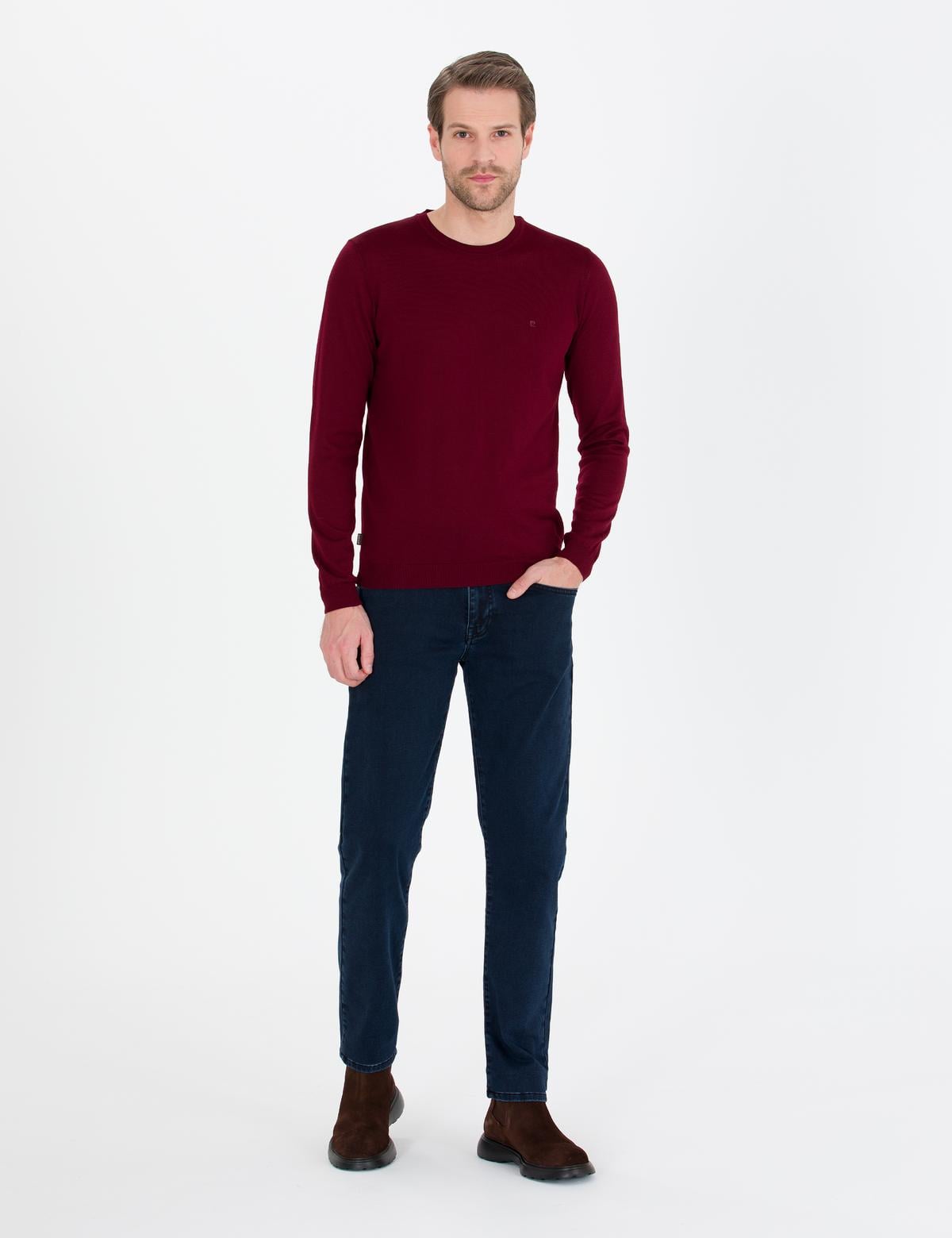 Kırmızı Slim Fit Bisiklet Yaka Yün Karışımlı Basic Triko Kazak - 50257301007