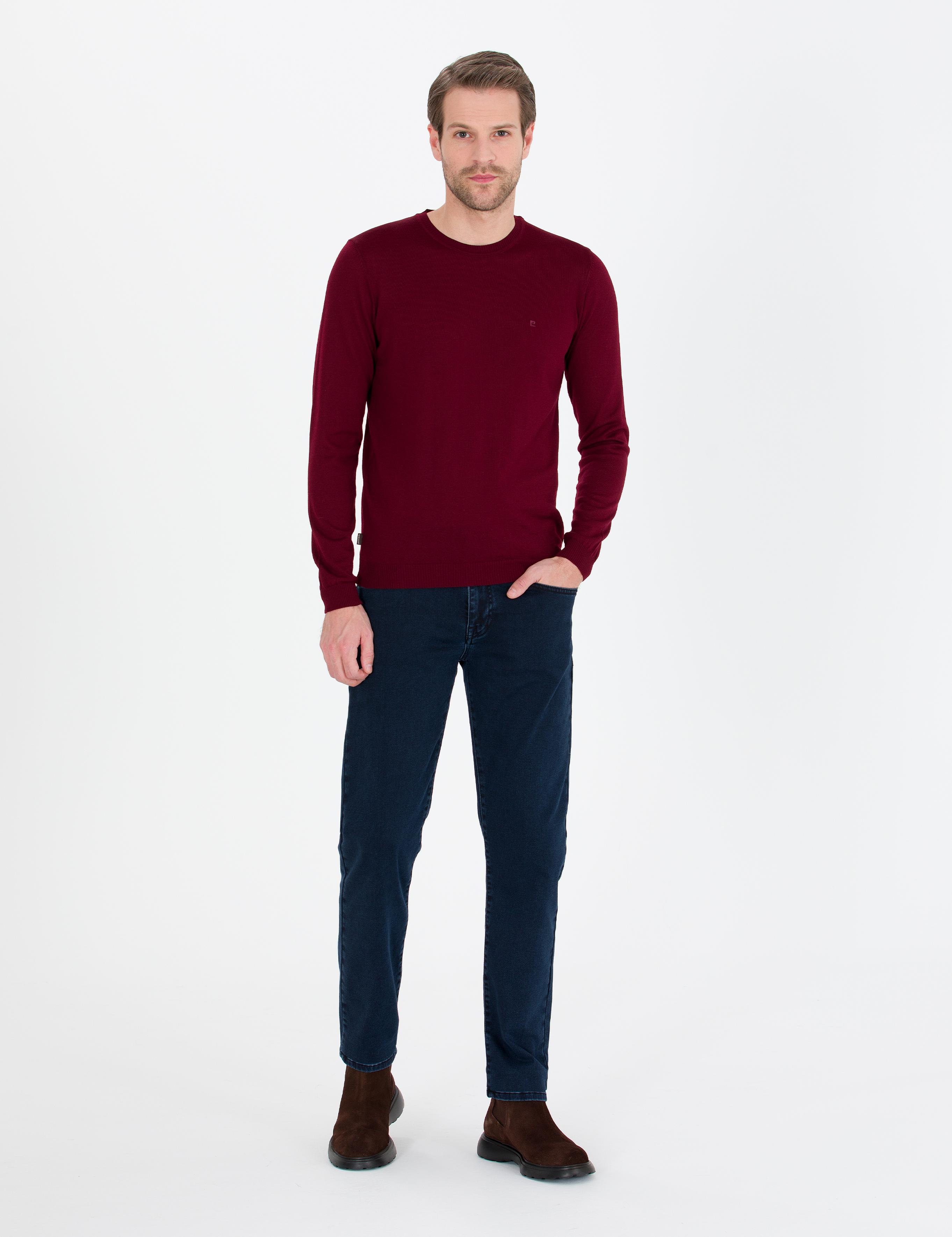 Kırmızı Slim Fit Bisiklet Yaka Yün Karışımlı Basic Triko Kazak