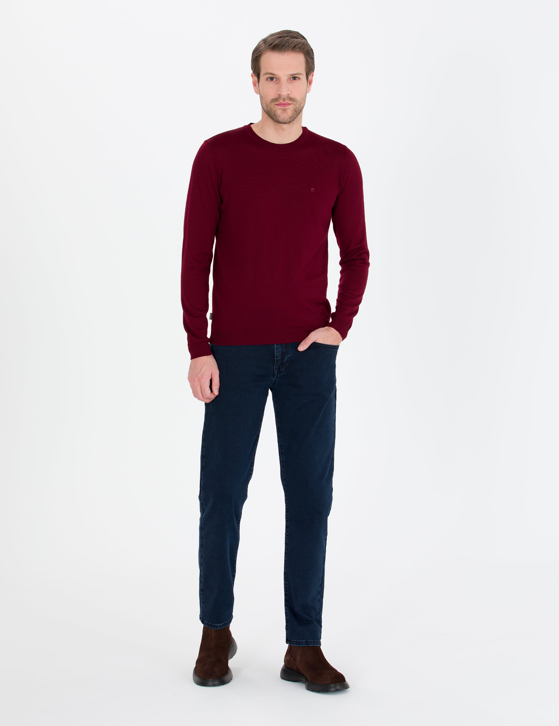 Kırmızı Slim Fit Bisiklet Yaka Yün Karışımlı Basic Triko Kazak