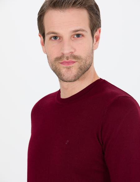 Kırmızı Slim Fit Bisiklet Yaka Yün Karışımlı Basic Triko Kazak - 50257301007