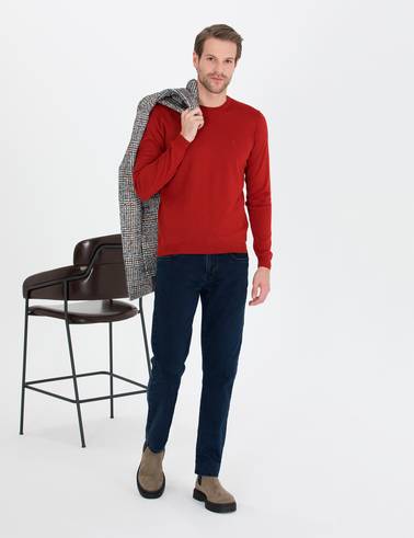 Kiremit Slim Fit Bisiklet Yaka Yün Karışımlı Basic Triko Kazak