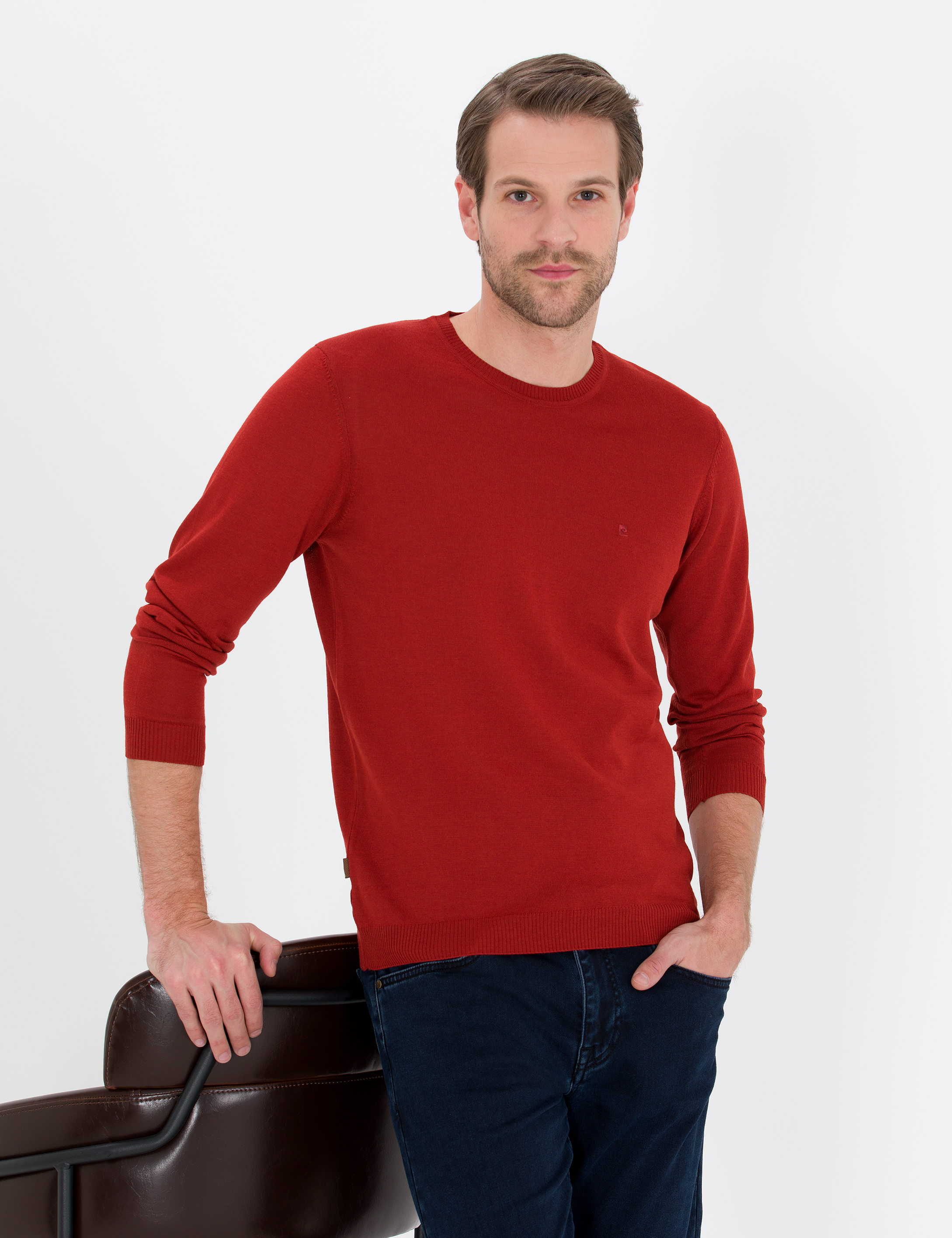 Pierre Cardin Kiremit Slim Fit Bisiklet Yaka Yün Karışımlı Basic Triko Kazak görsel 3