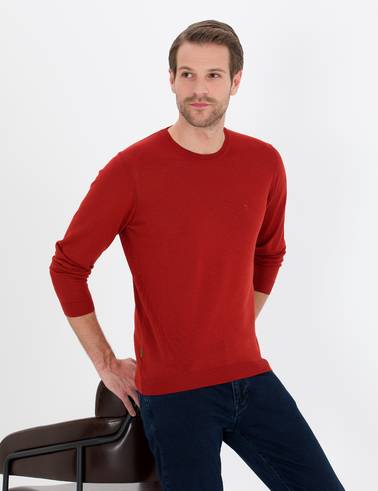 Kiremit Slim Fit Bisiklet Yaka Yün Karışımlı Basic Triko Kazak