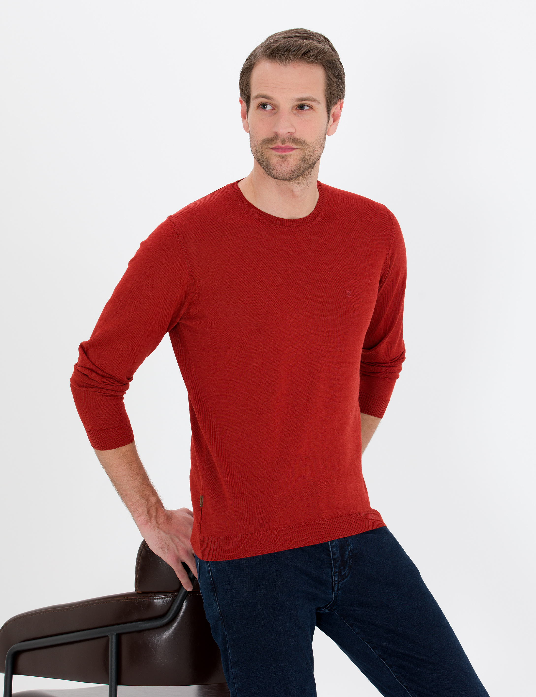 Kiremit Slim Fit Bisiklet Yaka Yün Karışımlı Basic Triko Kazak - Image 1