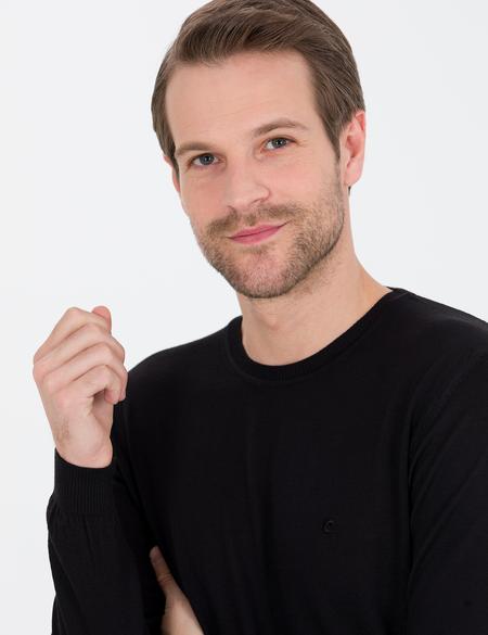 Siyah Slim Fit Bisiklet Yaka Yün Karışımlı Basic Triko Kazak - 50257301069