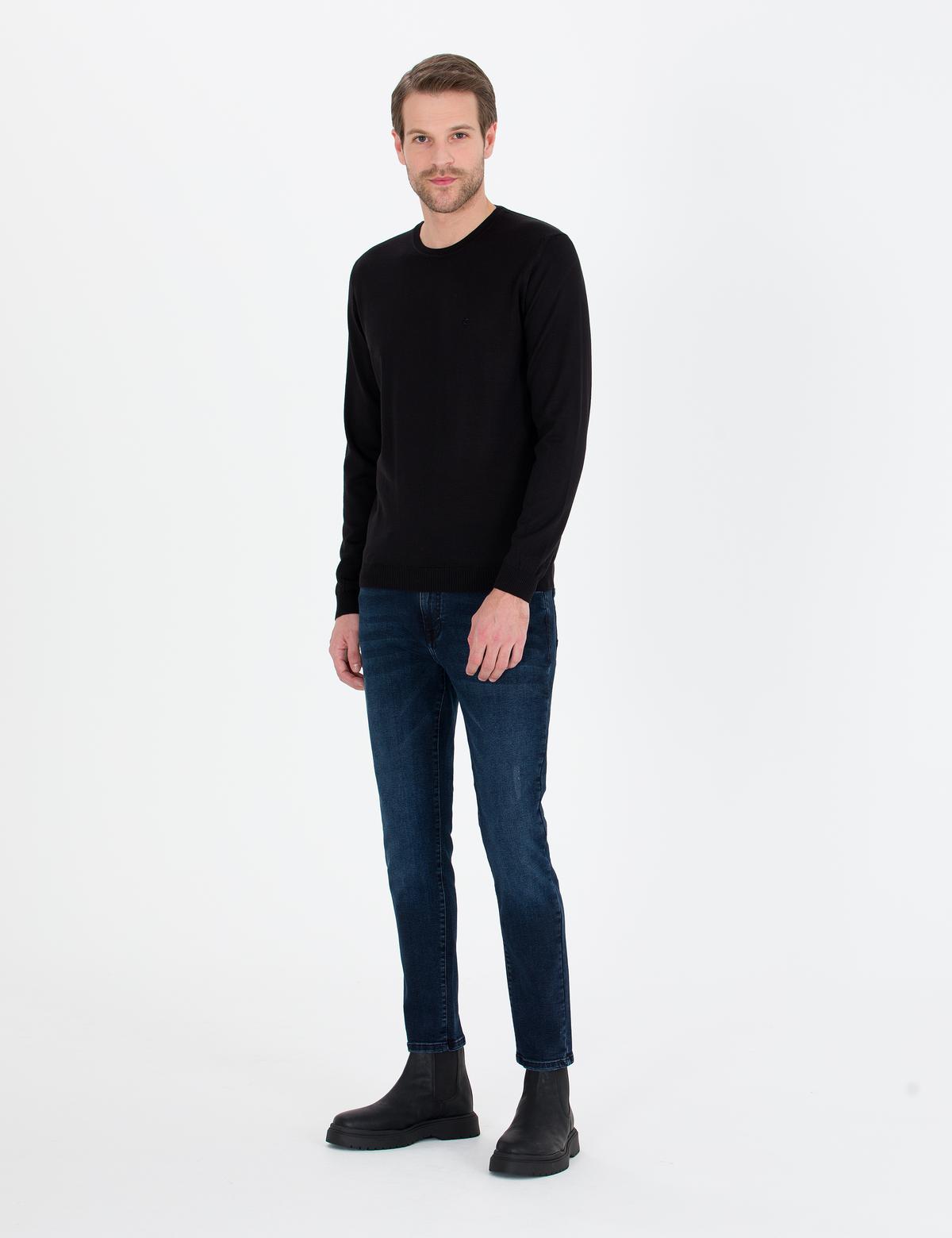 Siyah Slim Fit Bisiklet Yaka Yün Karışımlı Basic Triko Kazak - 50257301069