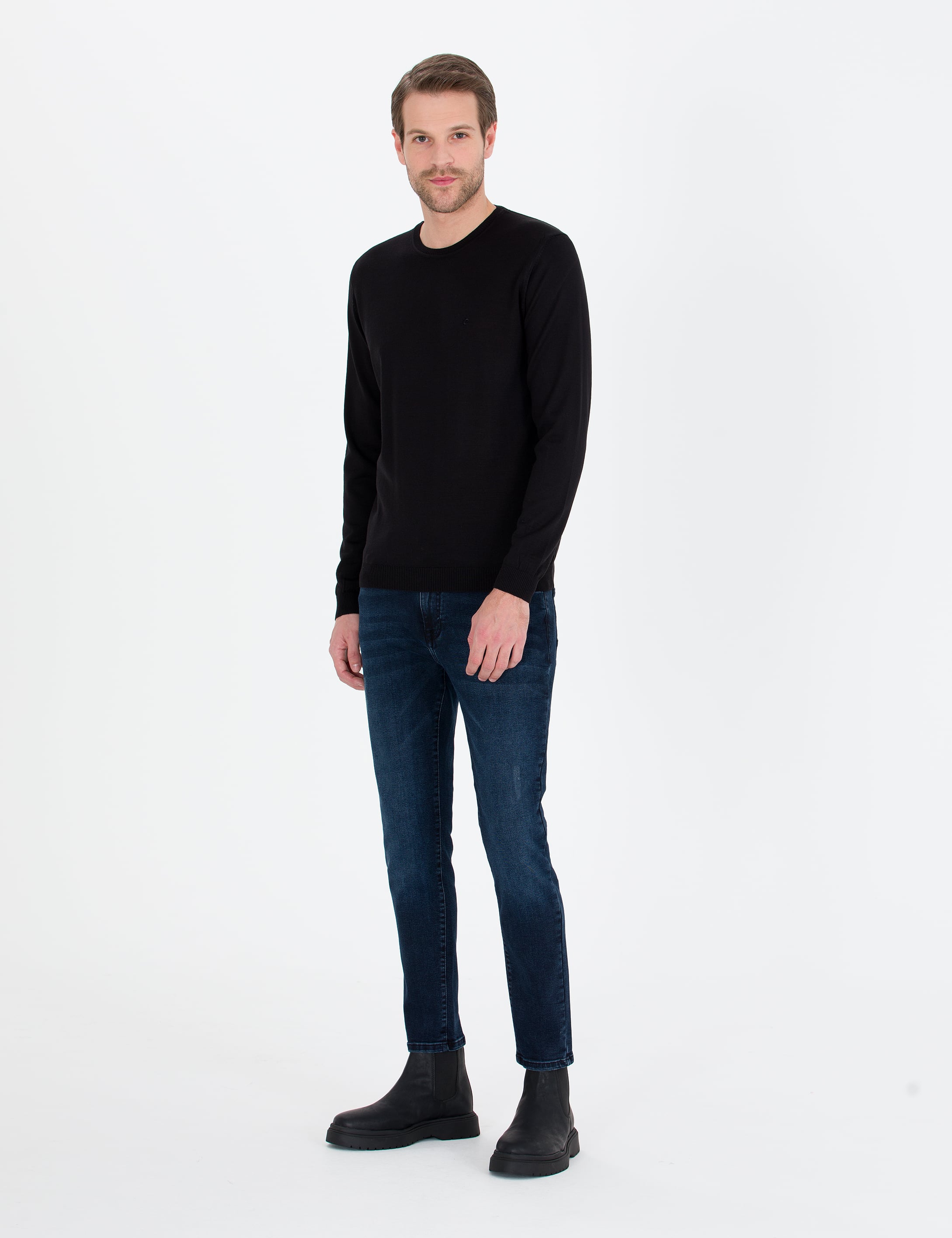 Siyah Slim Fit Bisiklet Yaka Yün Karışımlı Basic Triko Kazak