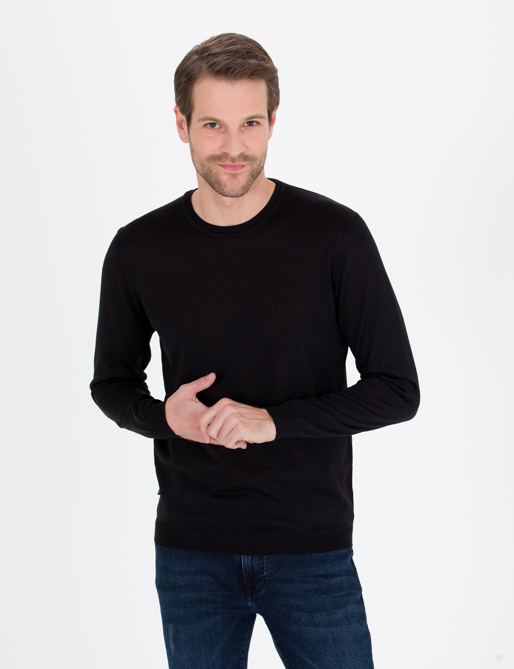 Pierre Cardin Siyah Slim Fit Bisiklet Yaka Yün Karışımlı Basic Triko Kazak görsel 3