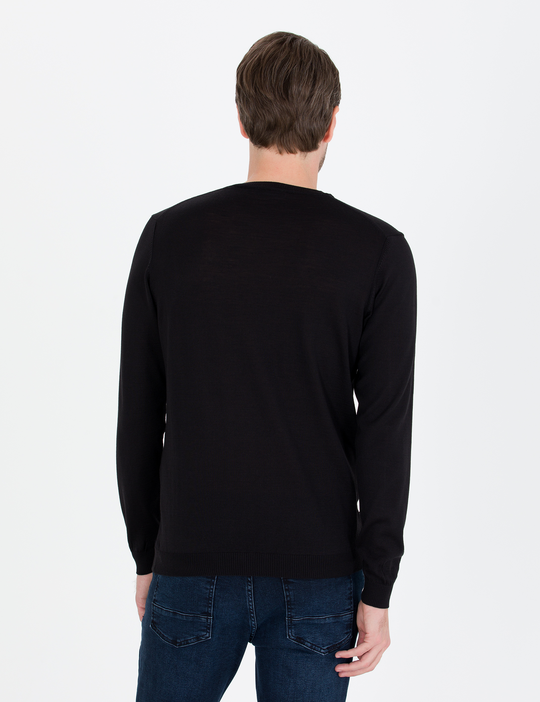 Siyah Slim Fit Bisiklet Yaka Yün Karışımlı Basic Triko Kazak - Image 5