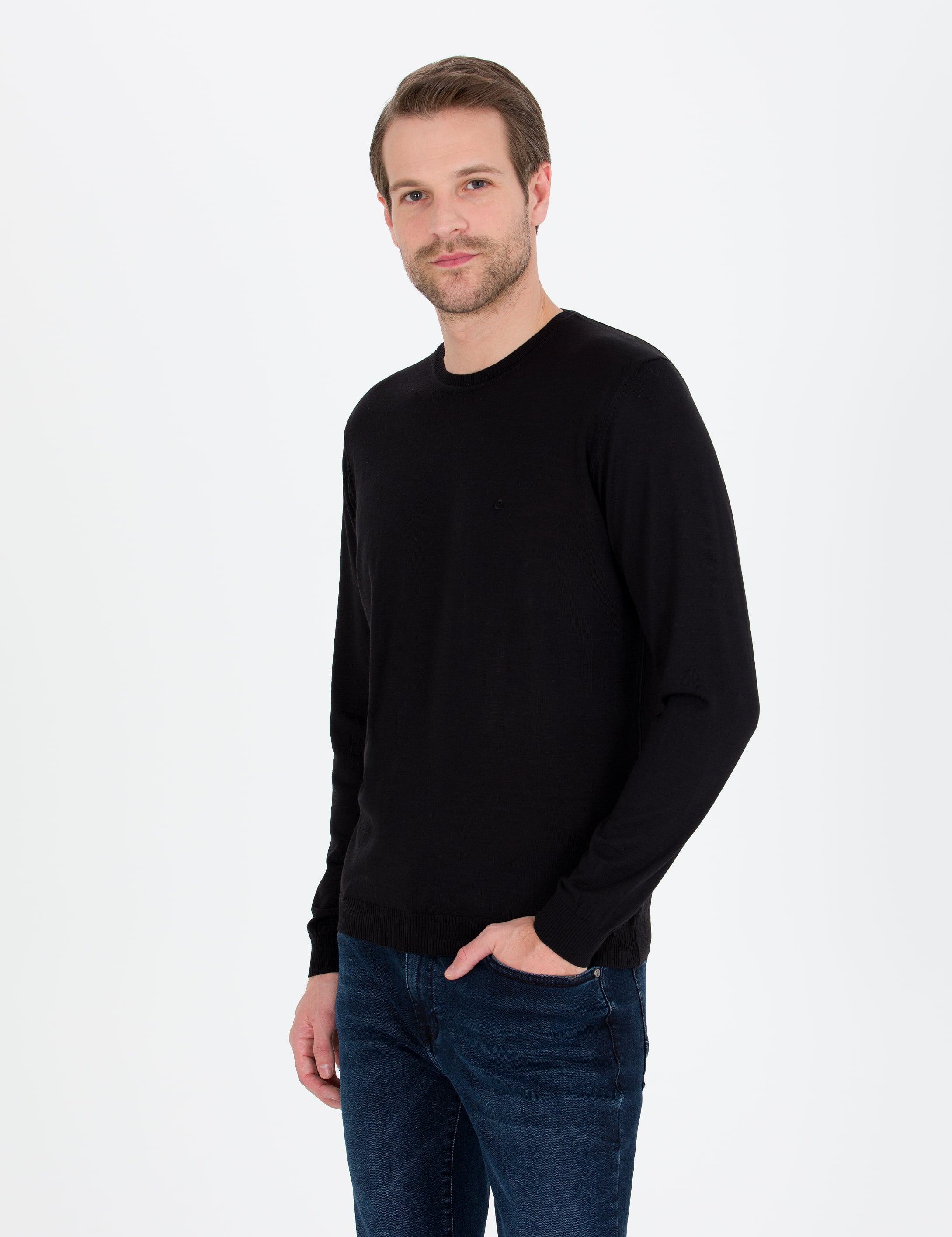 Siyah Slim Fit Bisiklet Yaka Yün Karışımlı Basic Triko Kazak