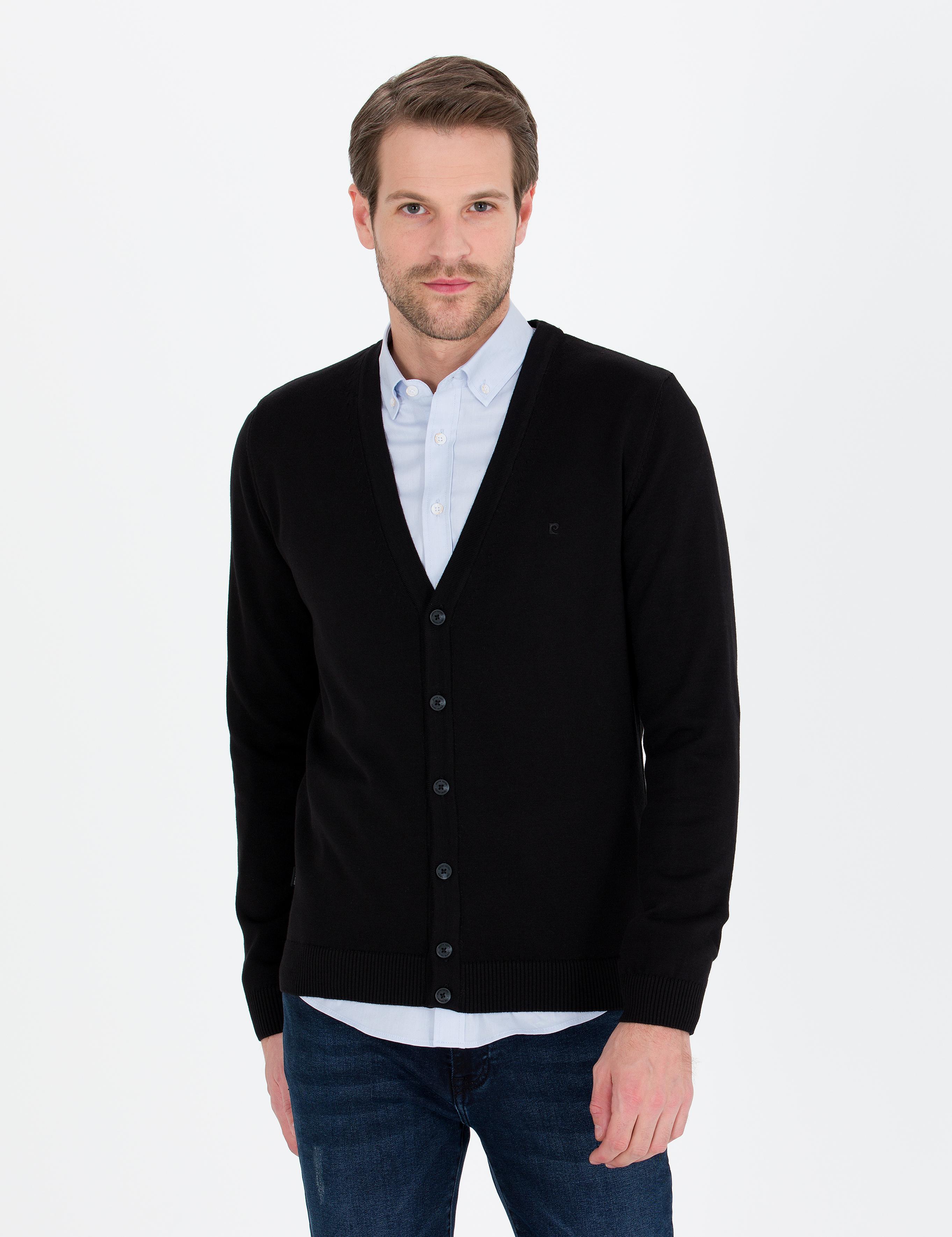 Siyah Slim Fit Basic Düğmeli Triko Hırka