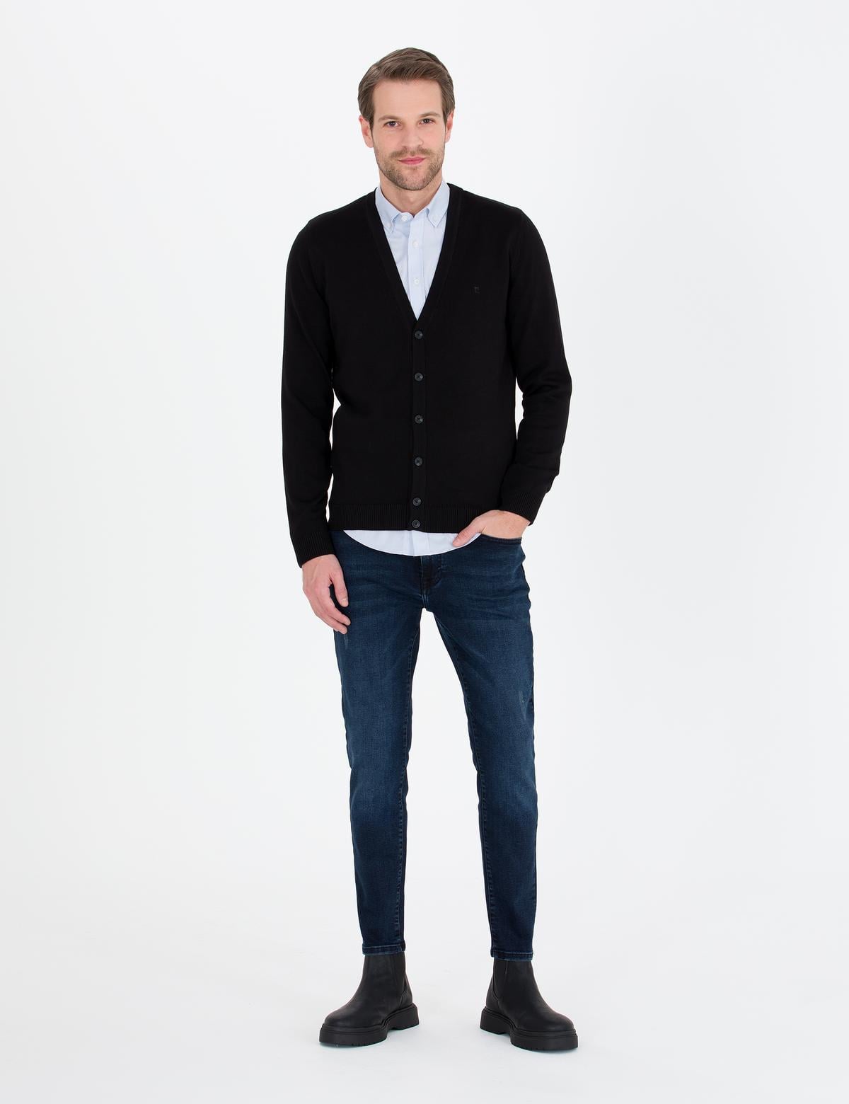 Siyah Slim Fit Basic Düğmeli Triko Hırka - 50260806003