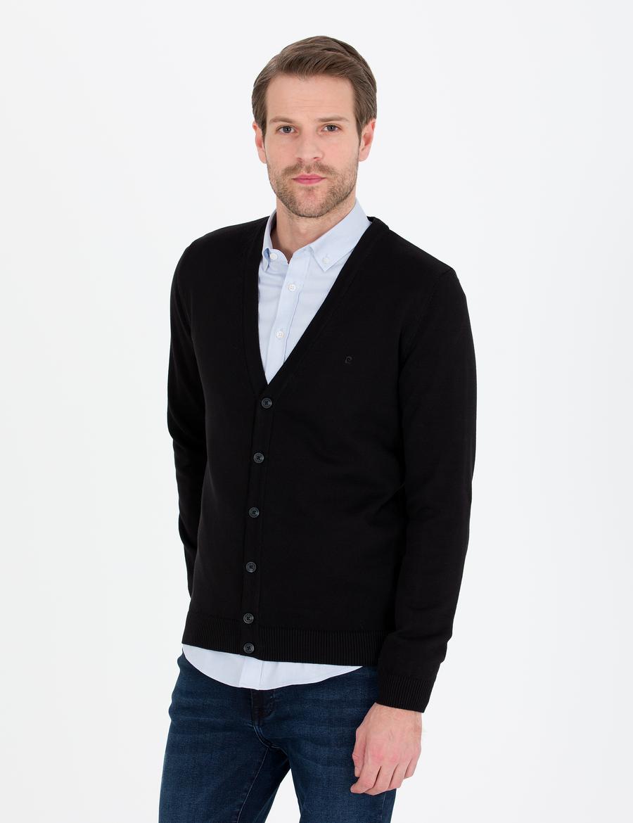 Siyah Slim Fit Basic Düğmeli Triko Hırka