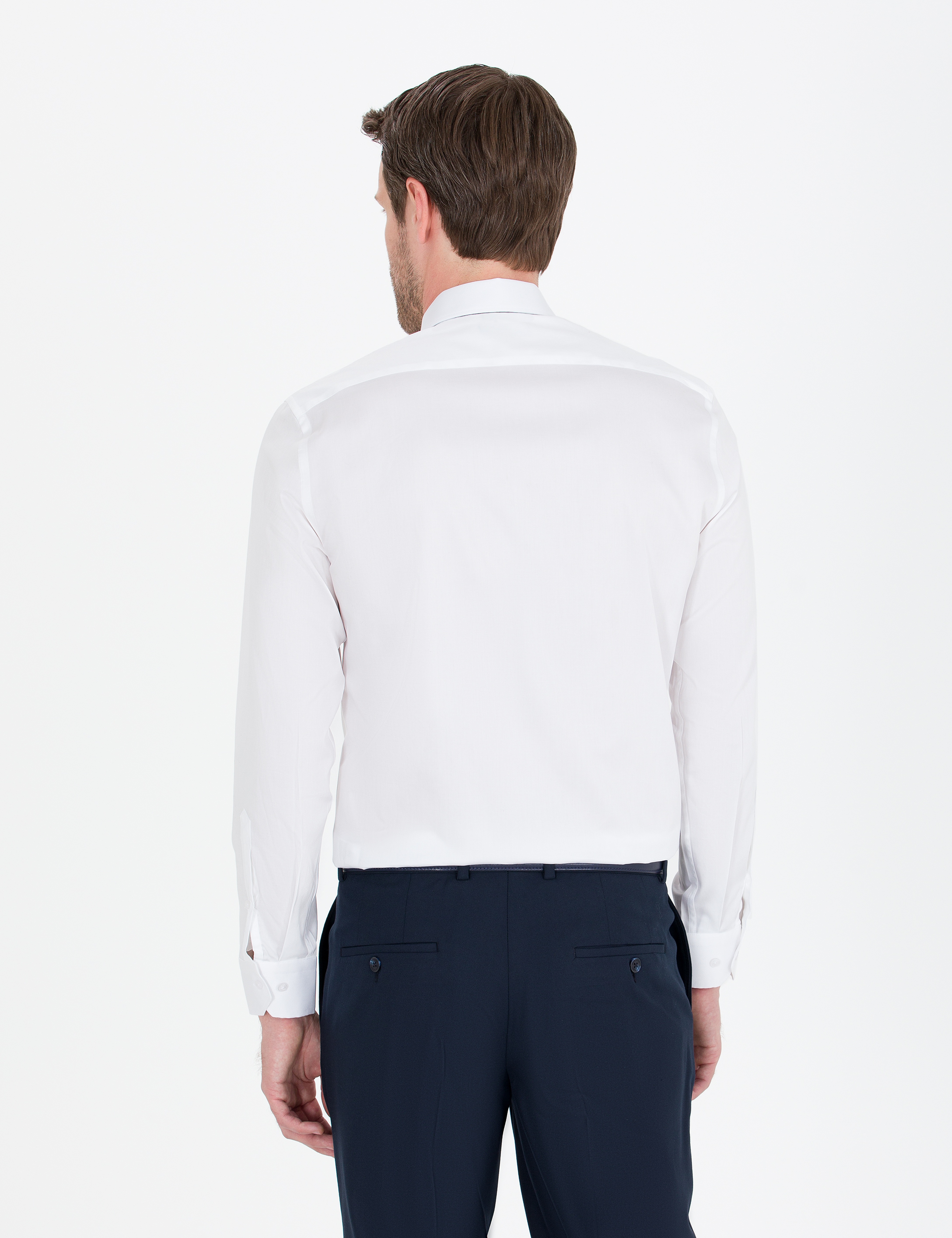 Beyaz %100 Pamuk Parlak Saten Slim Fit Uzun Kollu Basic Gömlek - Image 5