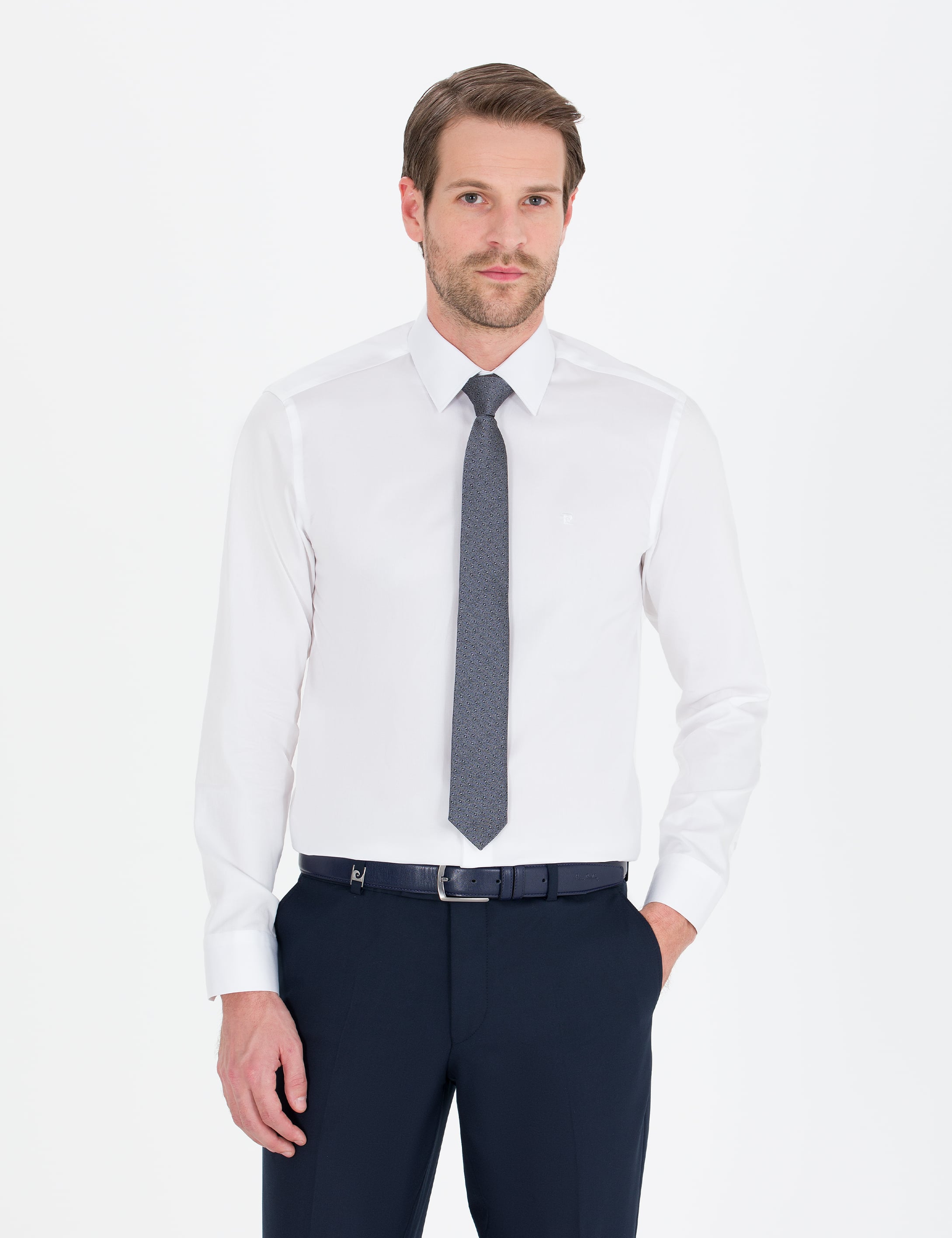 Pierre Cardin Beyaz %100 Pamuk Parlak Saten Slim Fit Uzun Kollu Basic Gömlek görsel 3