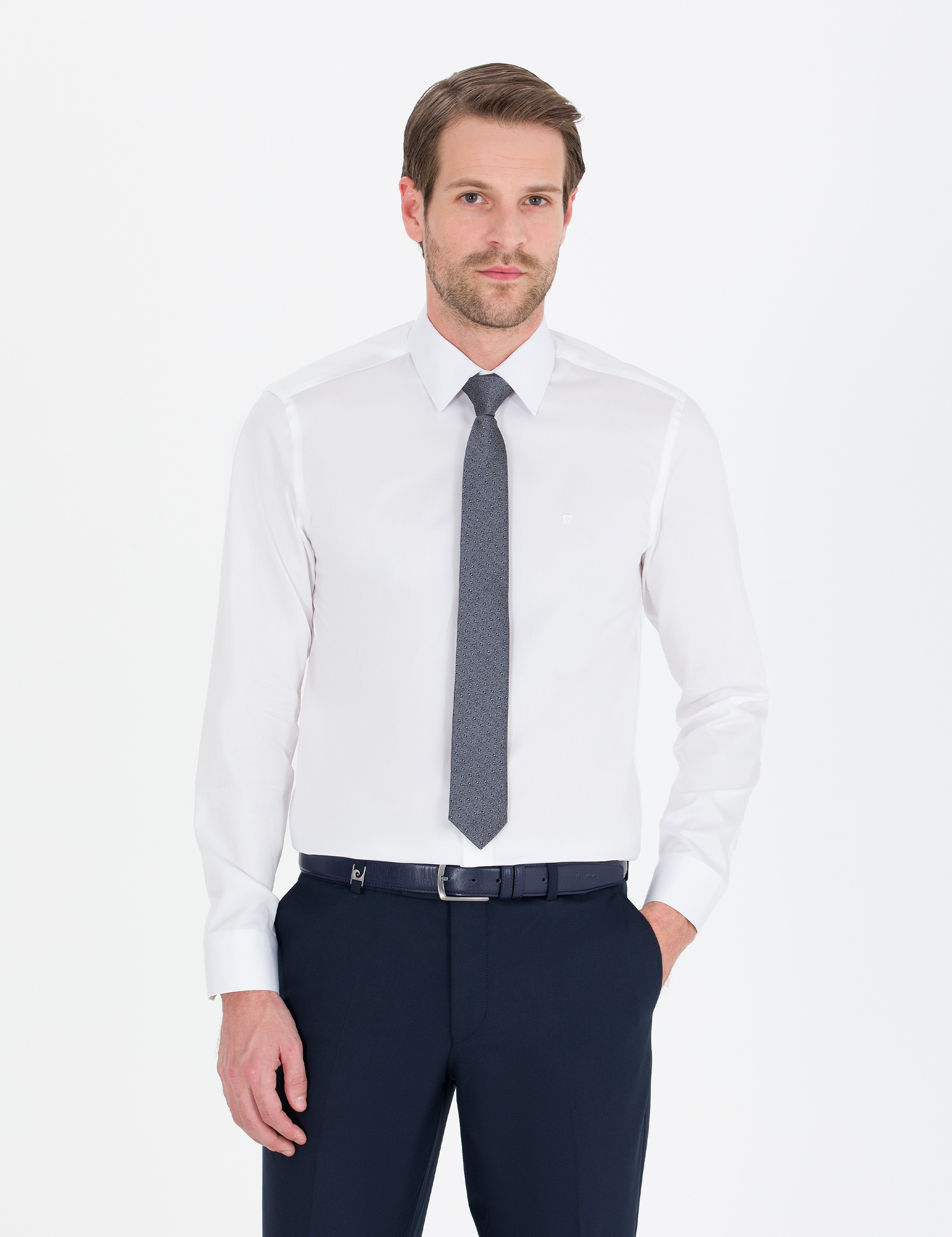 Beyaz %100 Pamuk Parlak Saten Slim Fit Uzun Kollu Basic Gömlek - Image 3