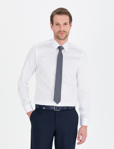 Beyaz %100 Pamuk Parlak Saten Slim Fit Uzun Kollu Basic Gömlek