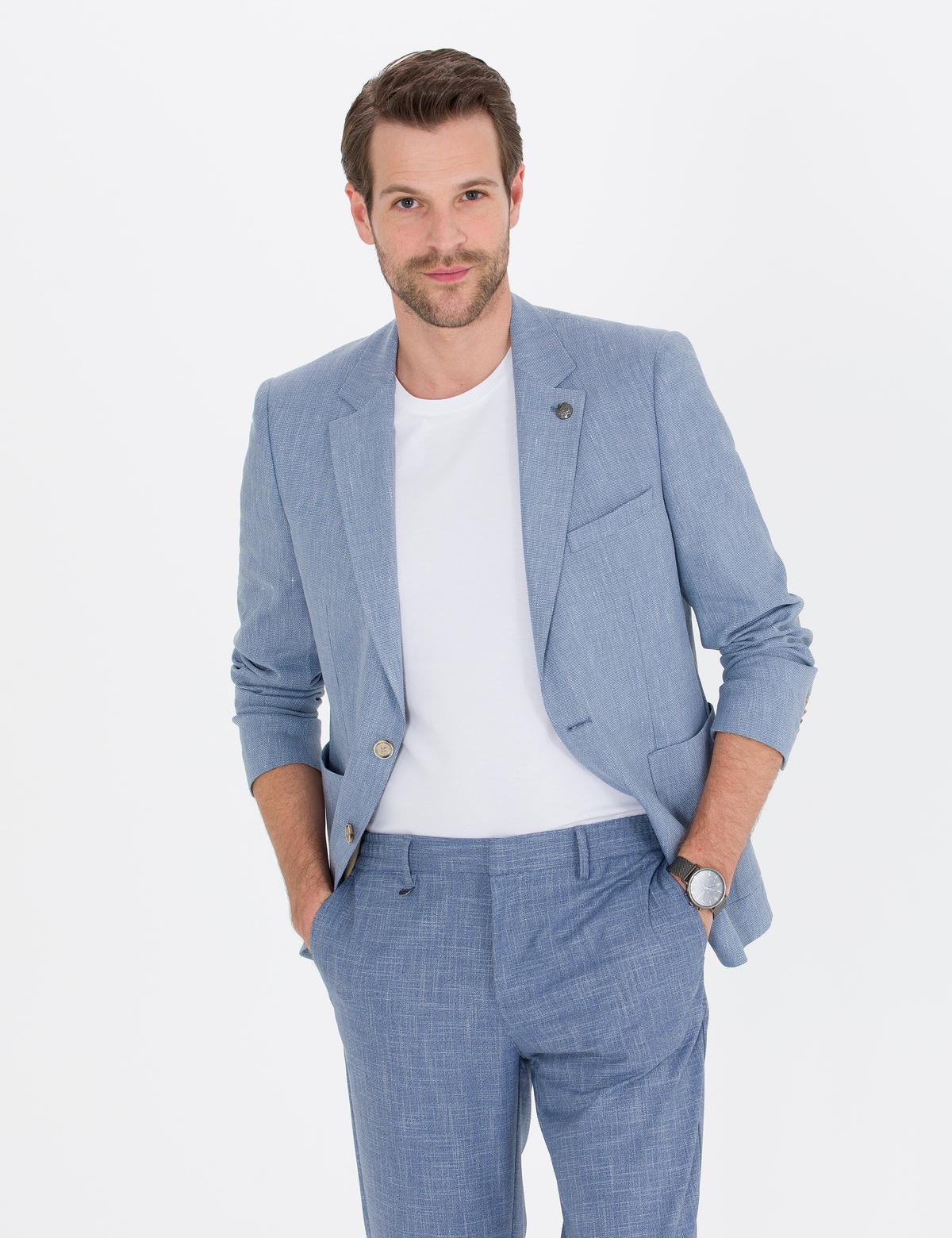 Açık Mavi Ex. Slim Fit Keten Karışımlı Ceket