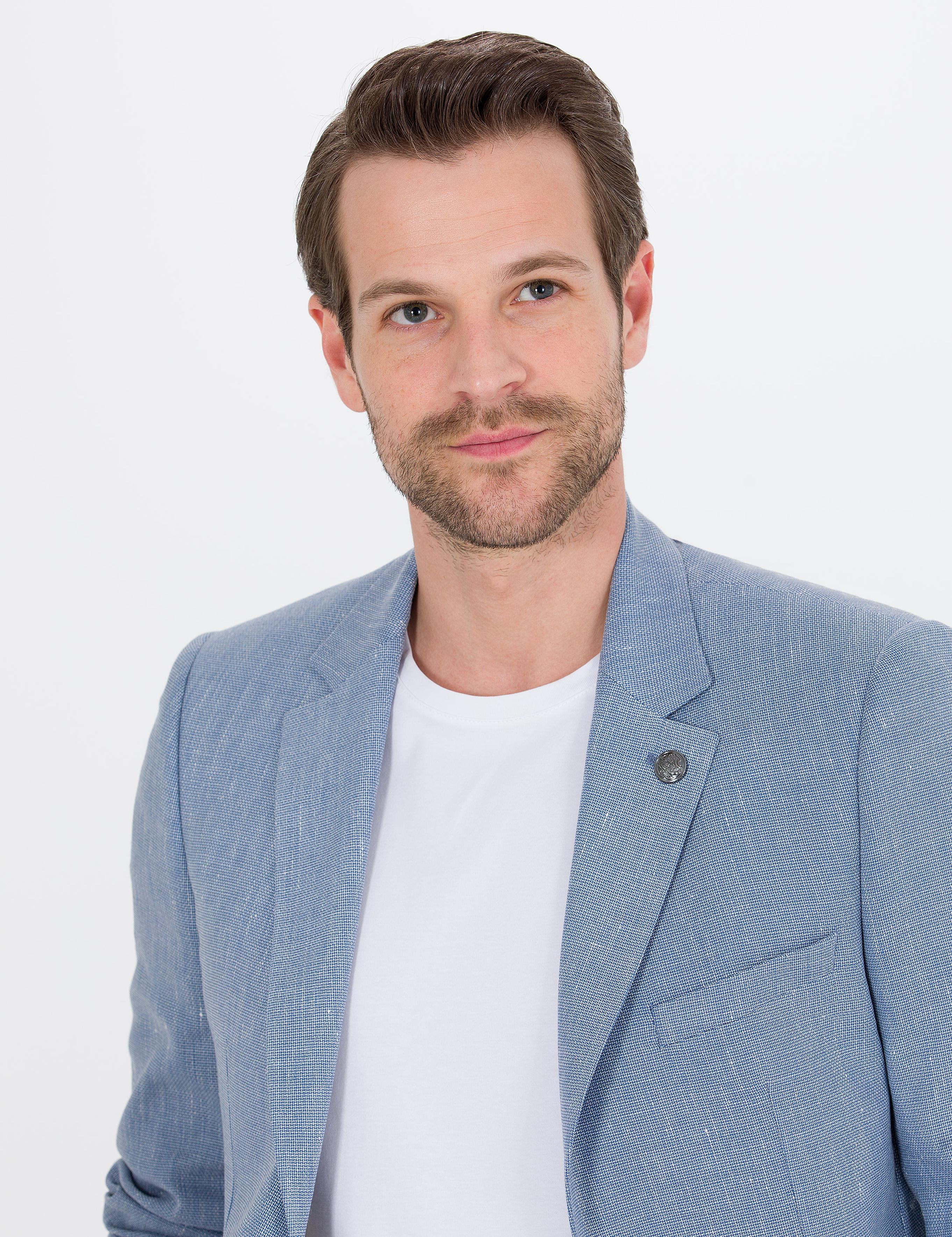 Açık Mavi Ex. Slim Fit Keten Karışımlı Ceket