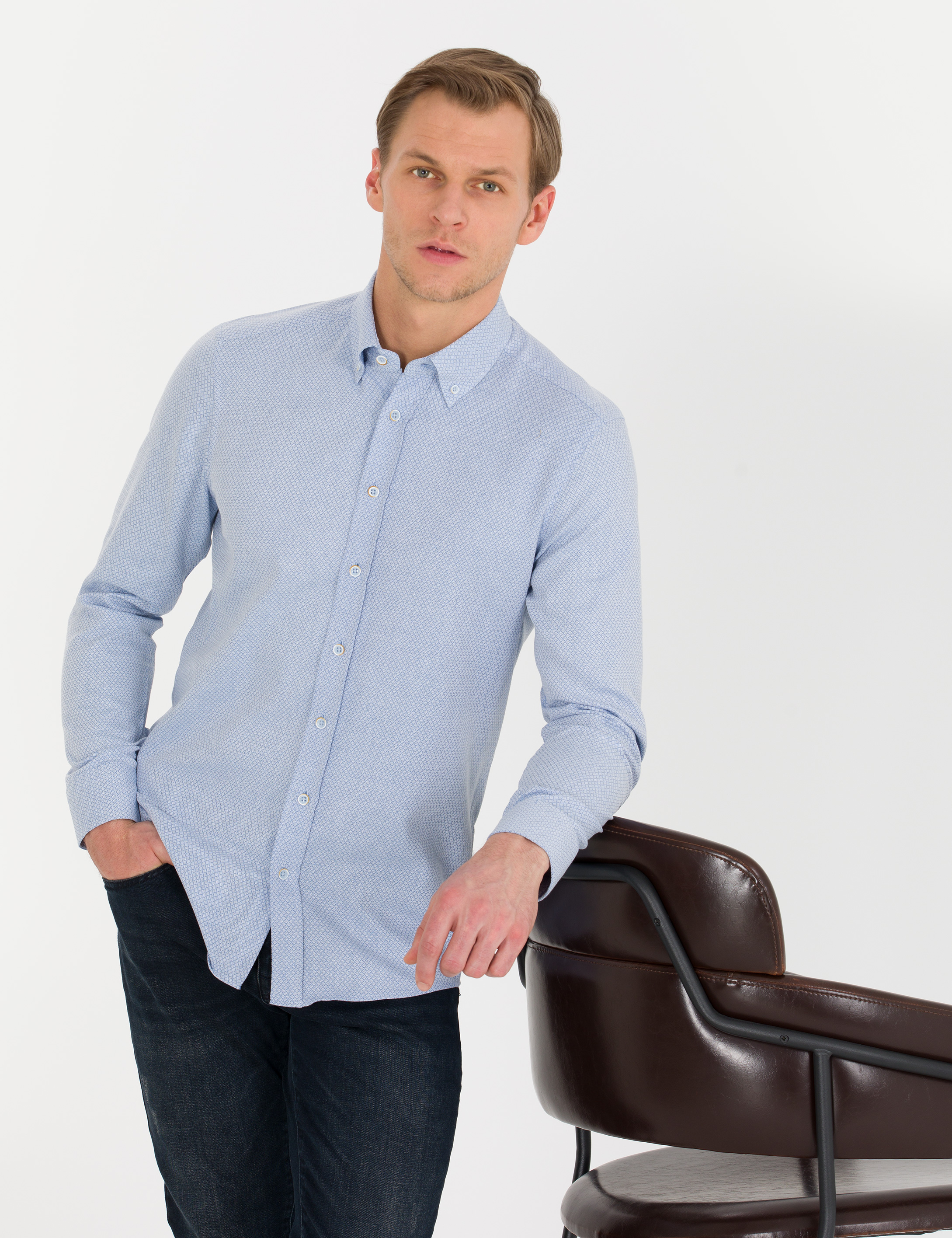 Açık Mavi Slim Fit Uzun Kollu Gömlek - Image 1