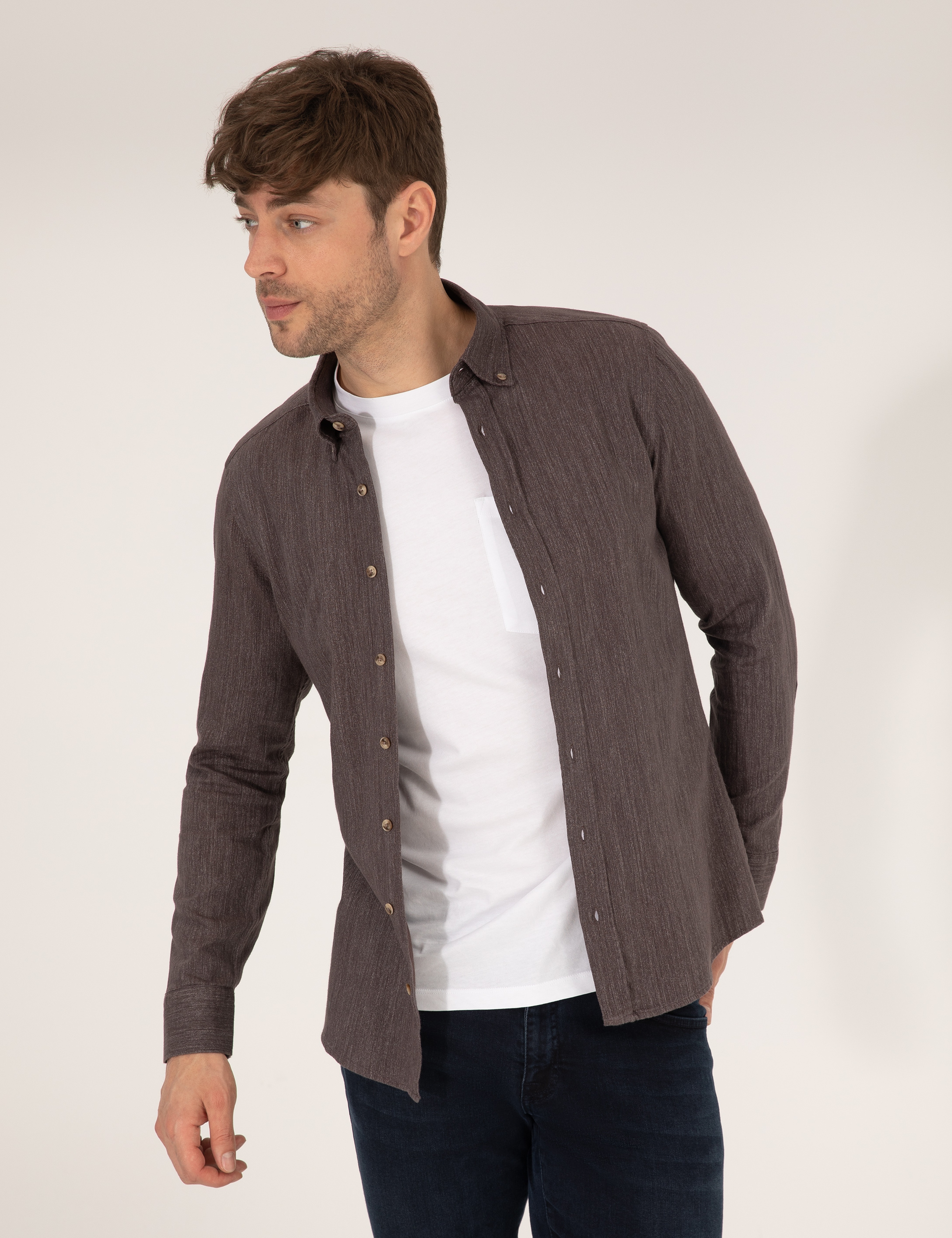 Kahverengi Slim Fit Uzun Kollu Gömlek - Image 1