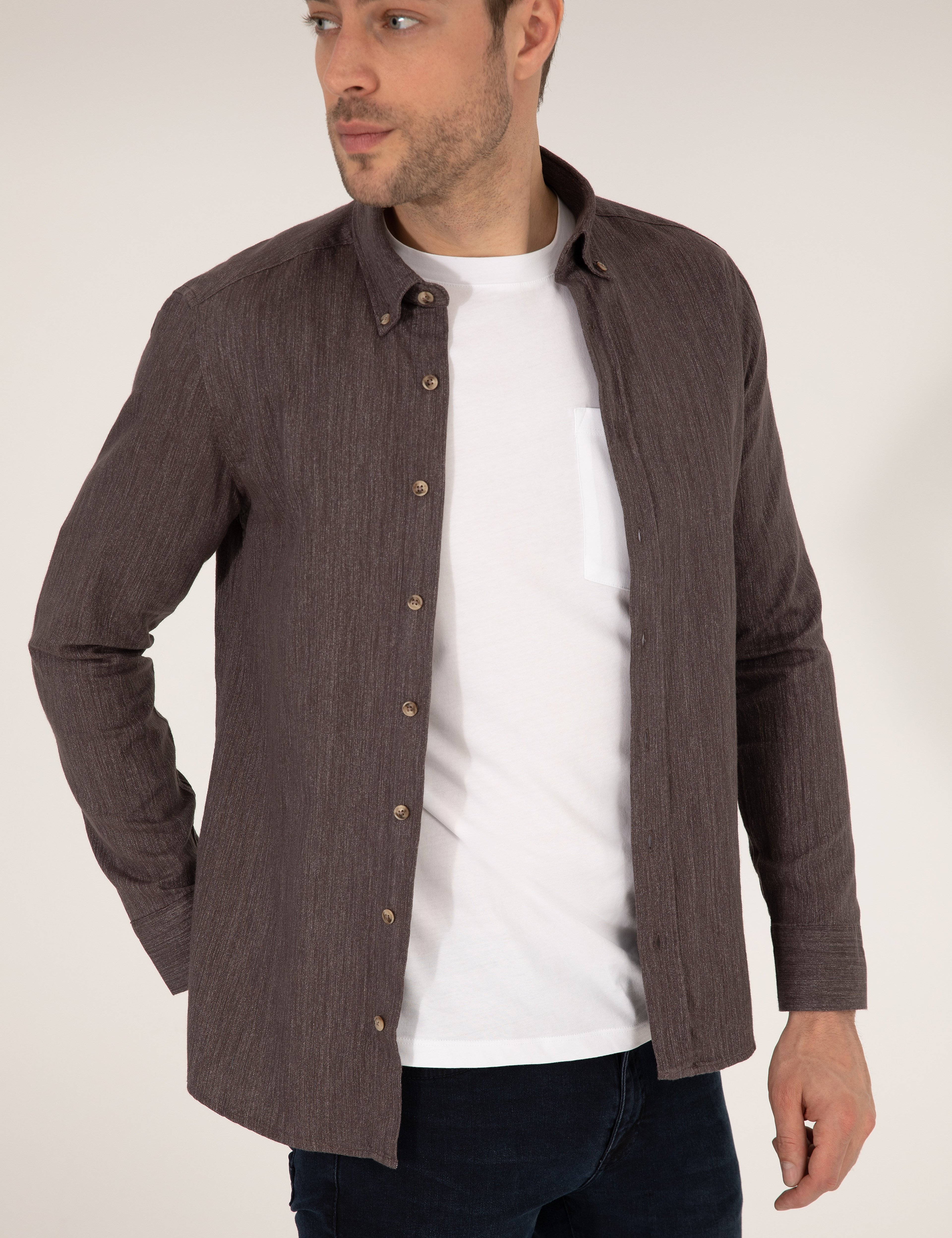 Kahverengi Slim Fit Uzun Kollu Gömlek - Image 3