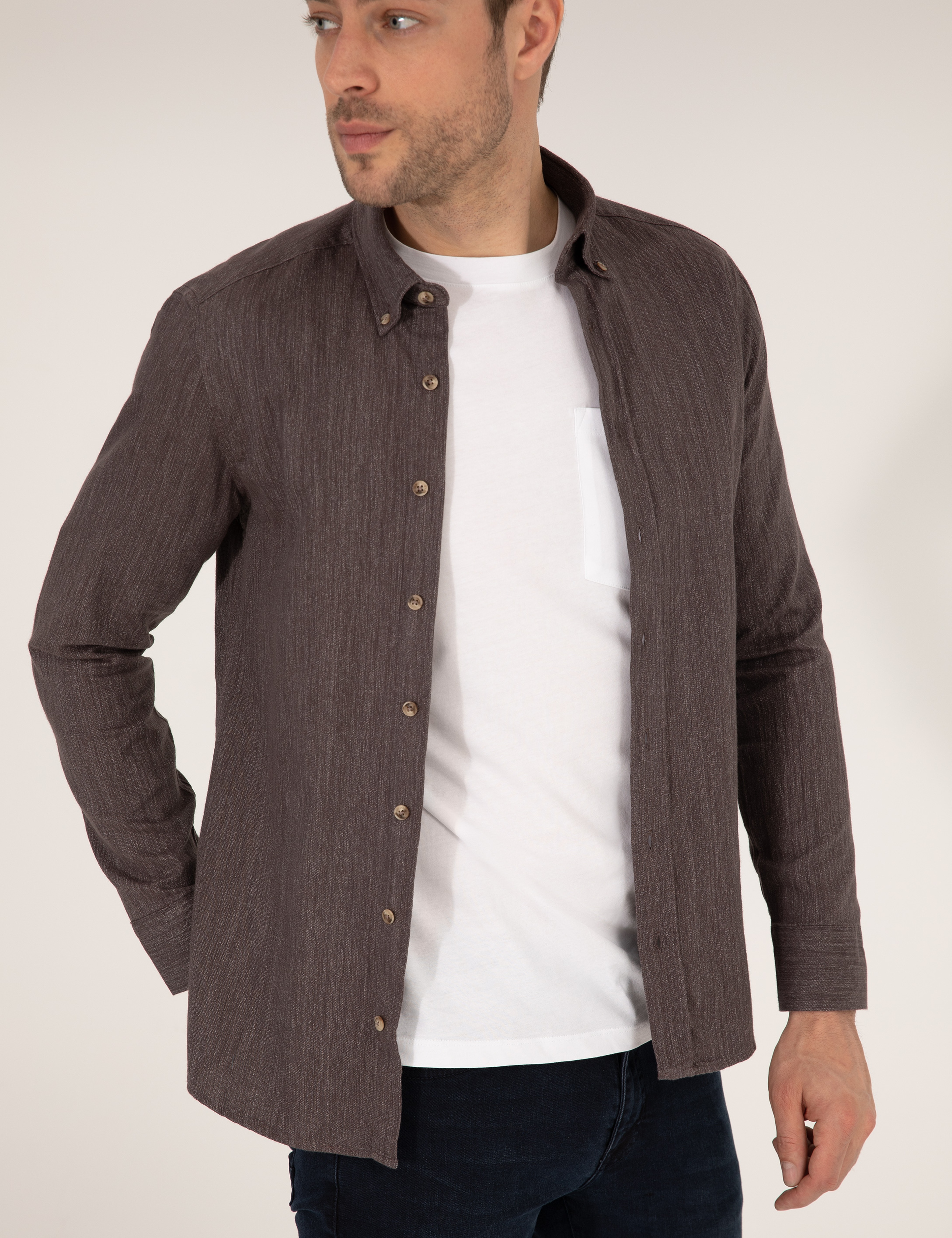 Kahverengi Slim Fit Uzun Kollu Gömlek