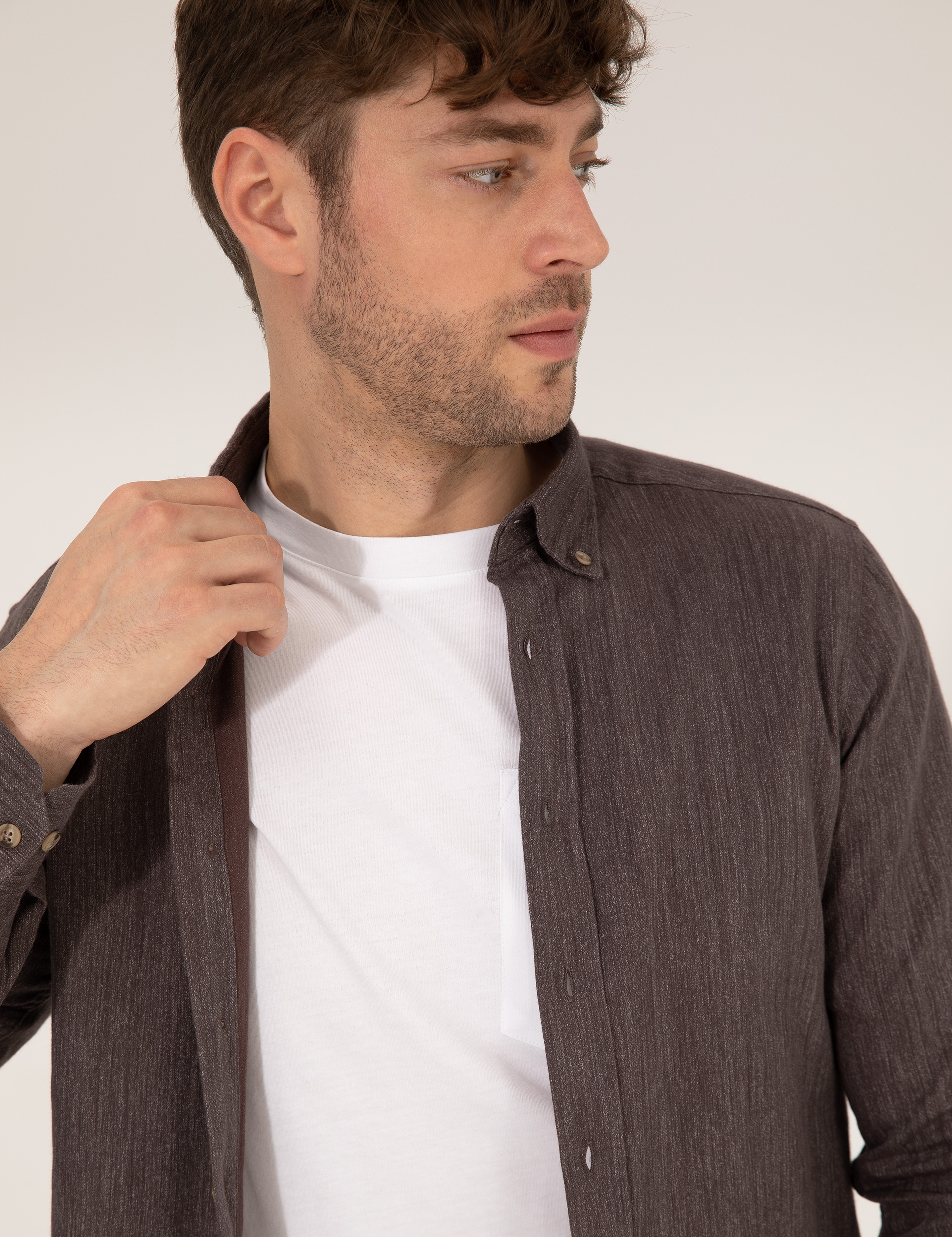 Kahverengi Slim Fit Uzun Kollu Gömlek - Image 2