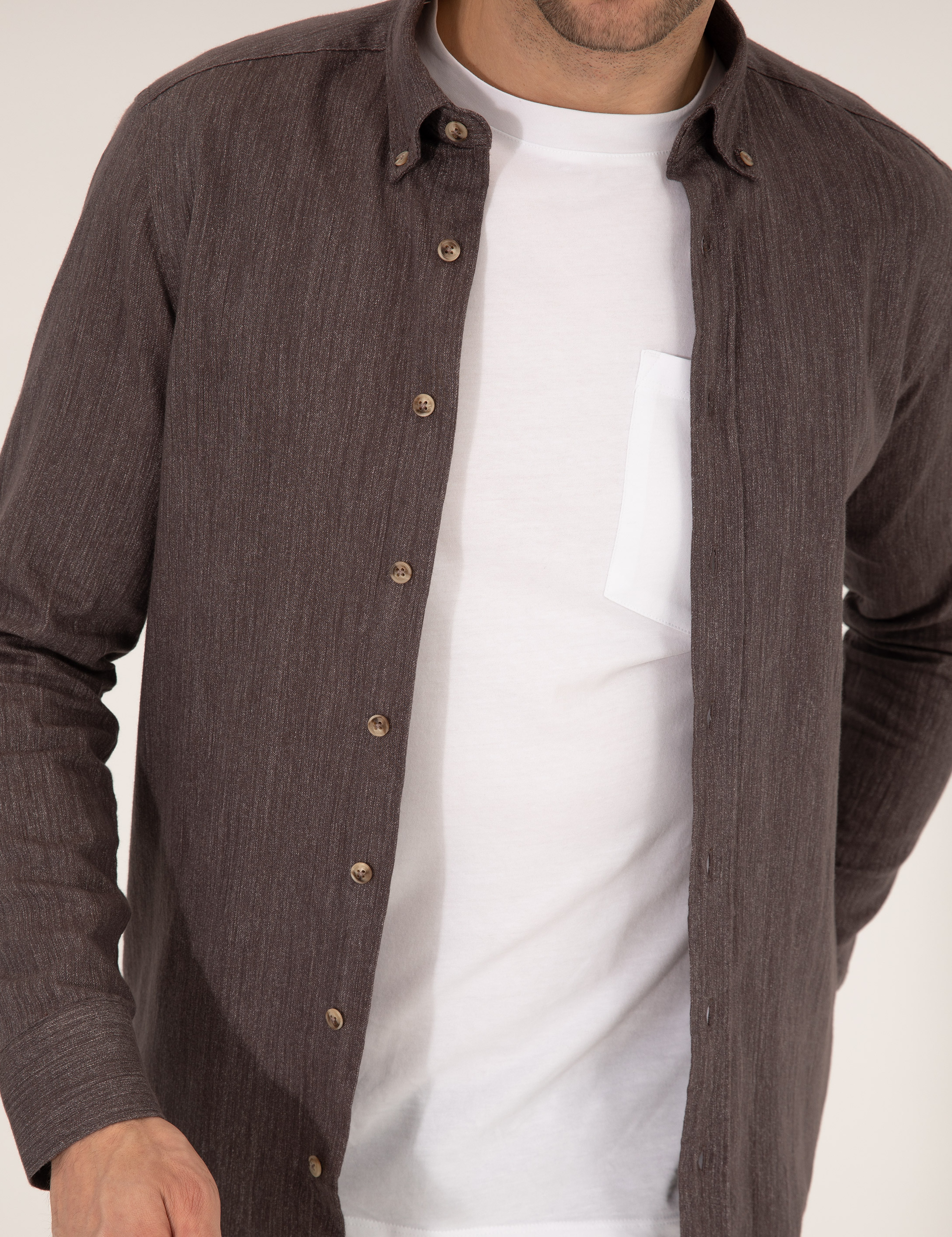 Kahverengi Slim Fit Uzun Kollu Gömlek - Image 6