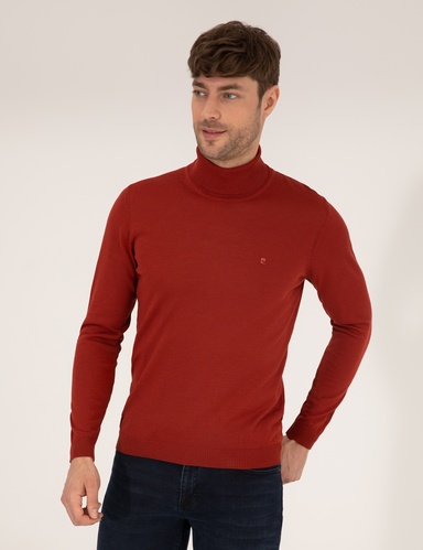 Kiremit Slim Fit Balıkçı Yaka Yün Karışımlı Basic Triko Kazak