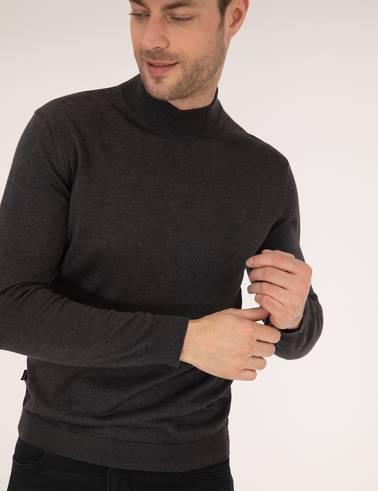 Antrasit Melanj Slim Fit Yarım Balıkçı Yaka Basic Triko Kazak