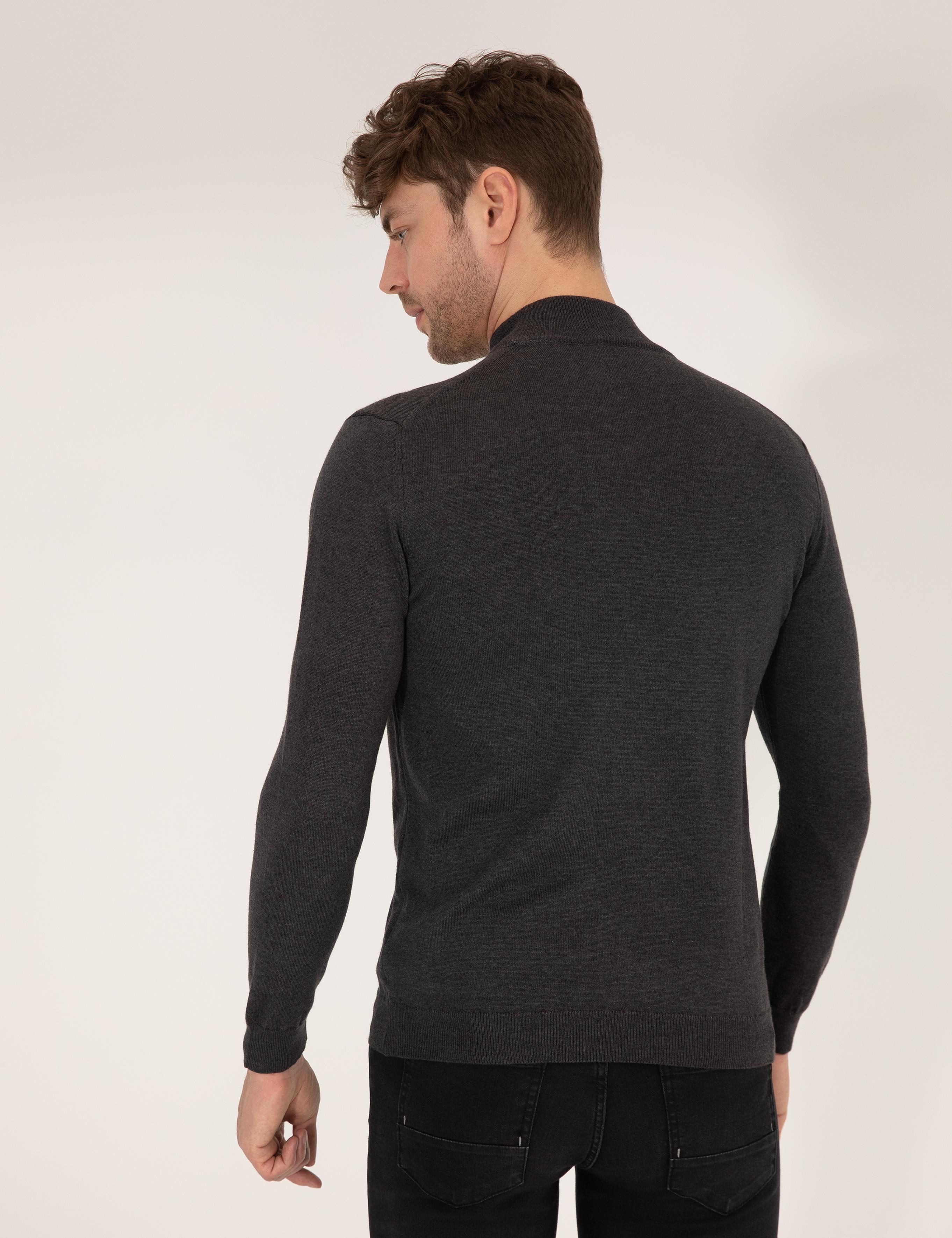 Antrasit Melanj Slim Fit Yarım Balıkçı Yaka Basic Triko Kazak