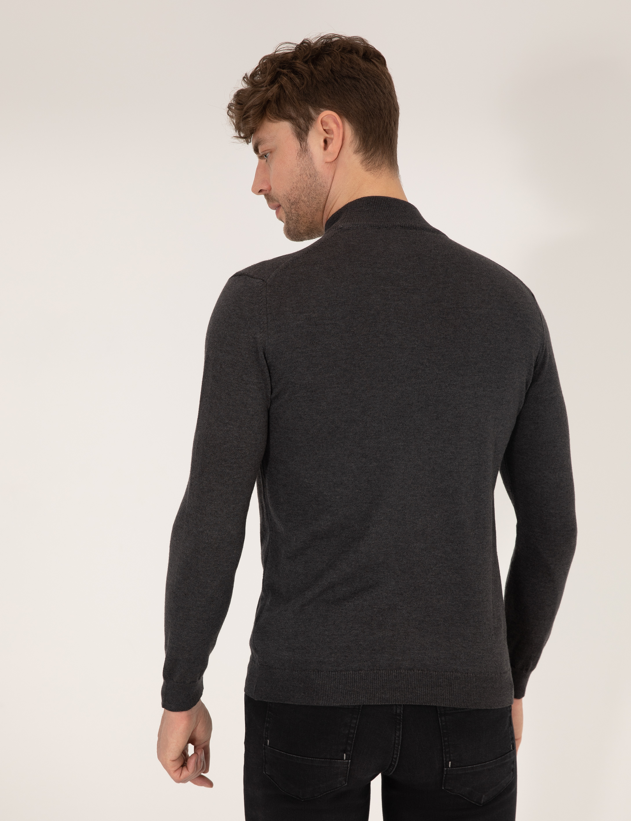 Antrasit Melanj Slim Fit Yarım Balıkçı Yaka Basic Triko Kazak - Image 5