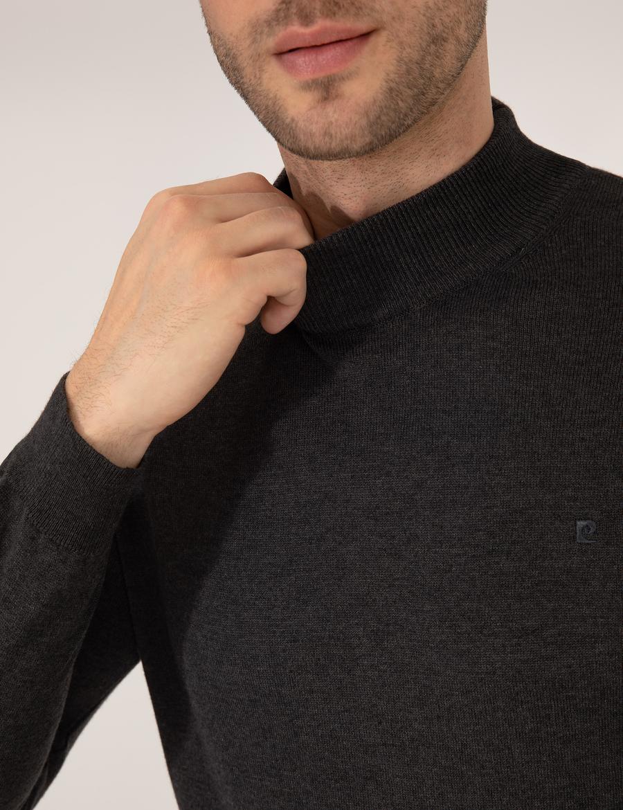 Antrasit Melanj Slim Fit Yarım Balıkçı Yaka Basic Triko Kazak
