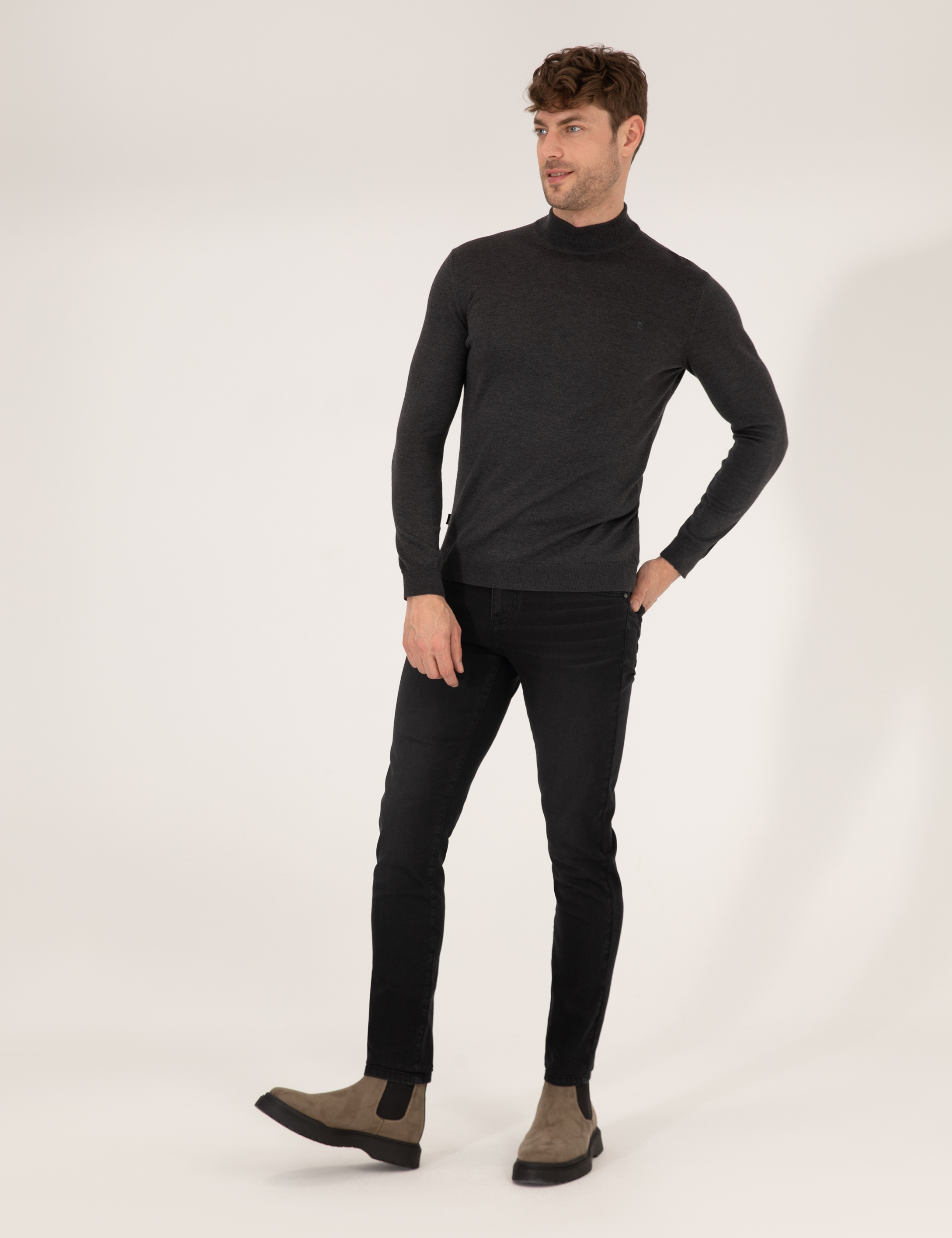 Antrasit Melanj Slim Fit Yarım Balıkçı Yaka Basic Triko Kazak - Image 4