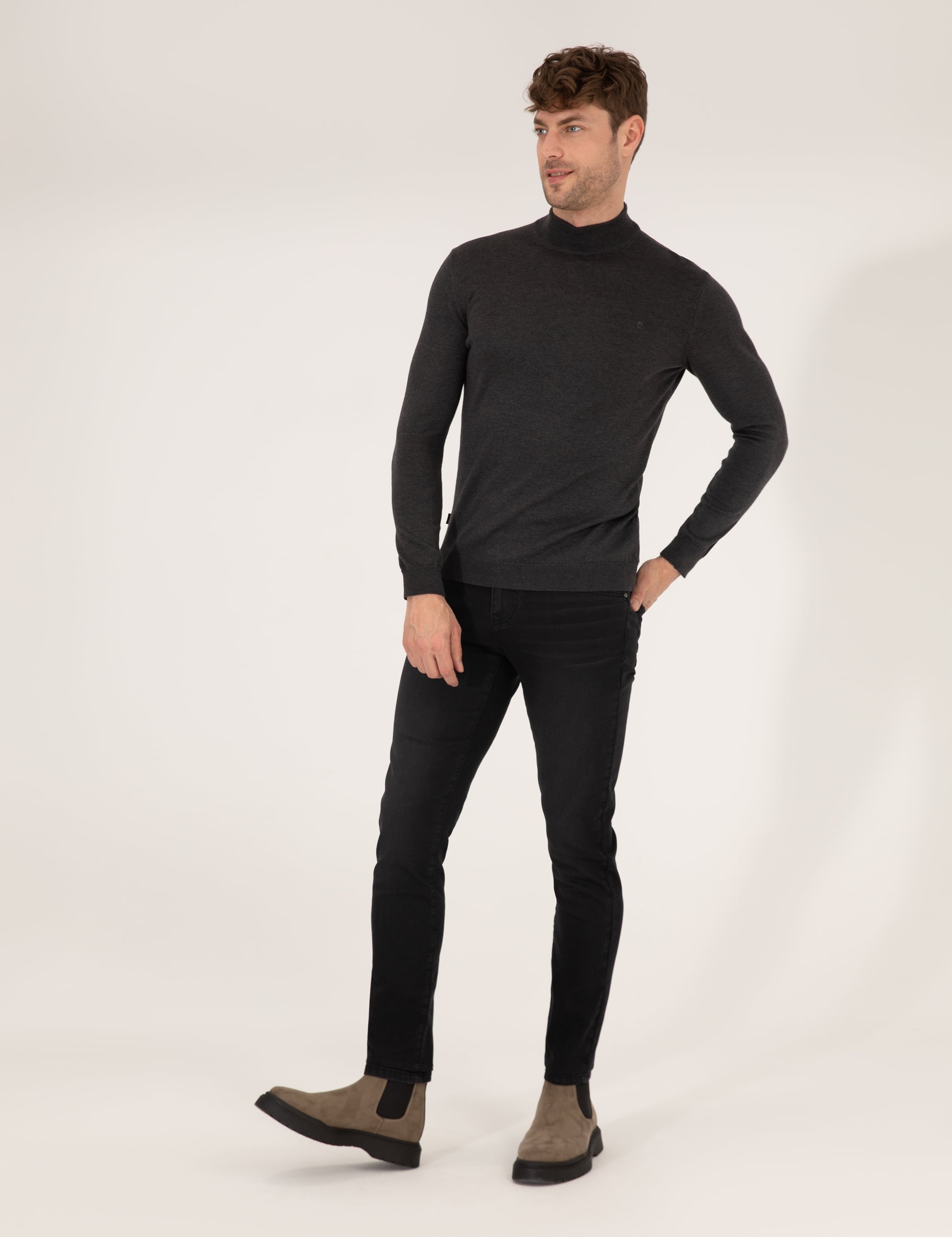 Antrasit Melanj Slim Fit Yarım Balıkçı Yaka Basic Triko Kazak
