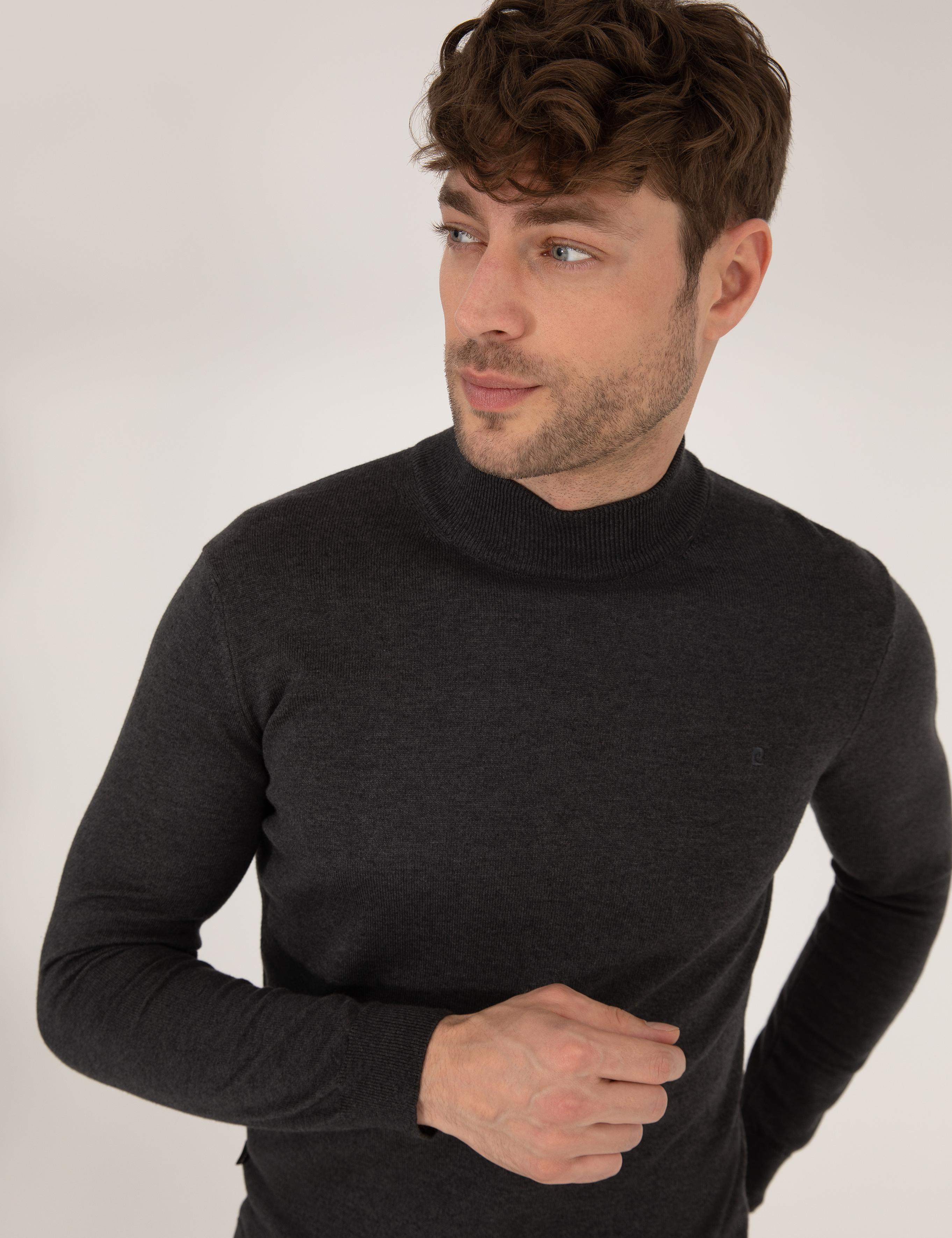 Antrasit Melanj Slim Fit Yarım Balıkçı Yaka Basic Triko Kazak