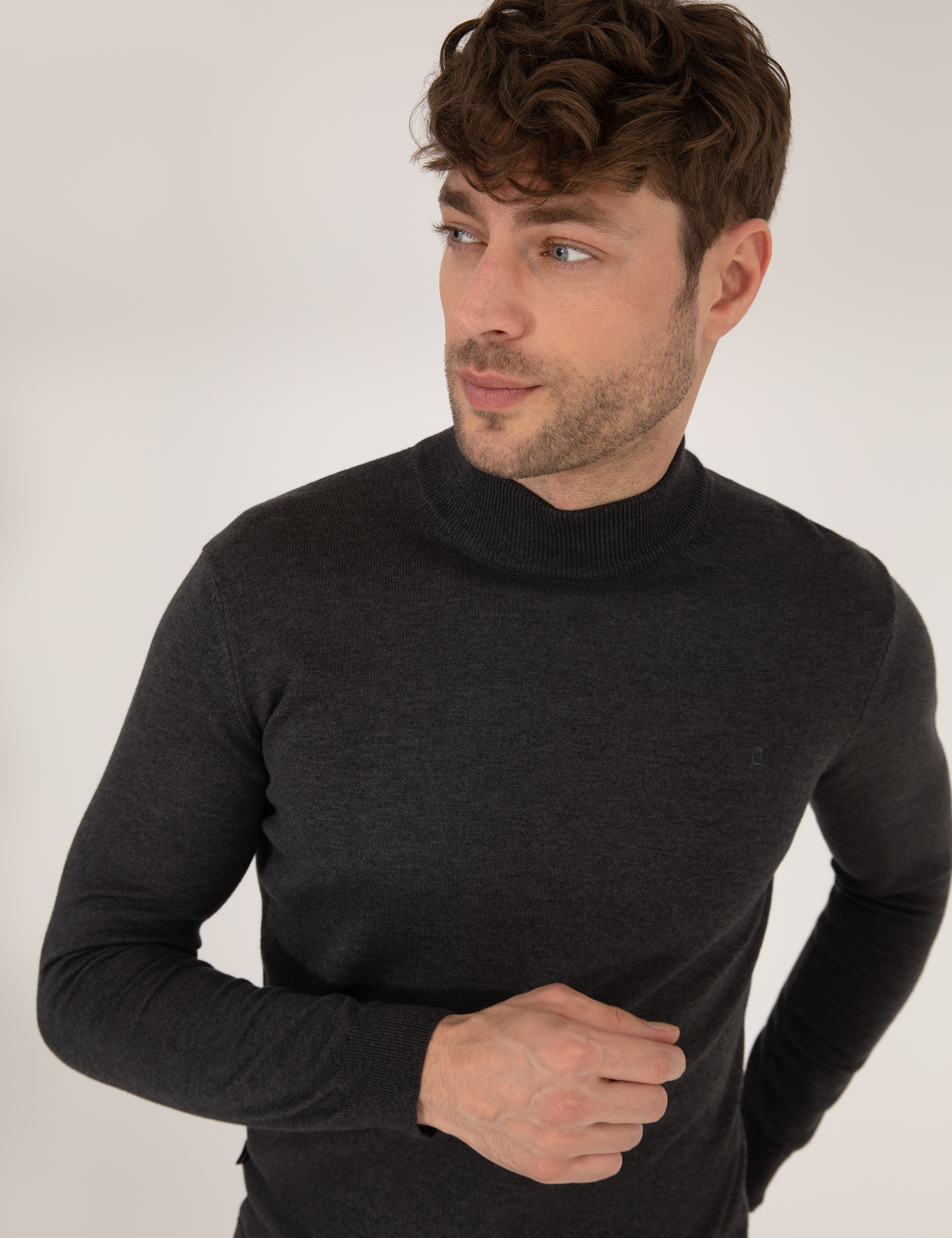 Antrasit Melanj Slim Fit Yarım Balıkçı Yaka Basic Triko Kazak - Image 2
