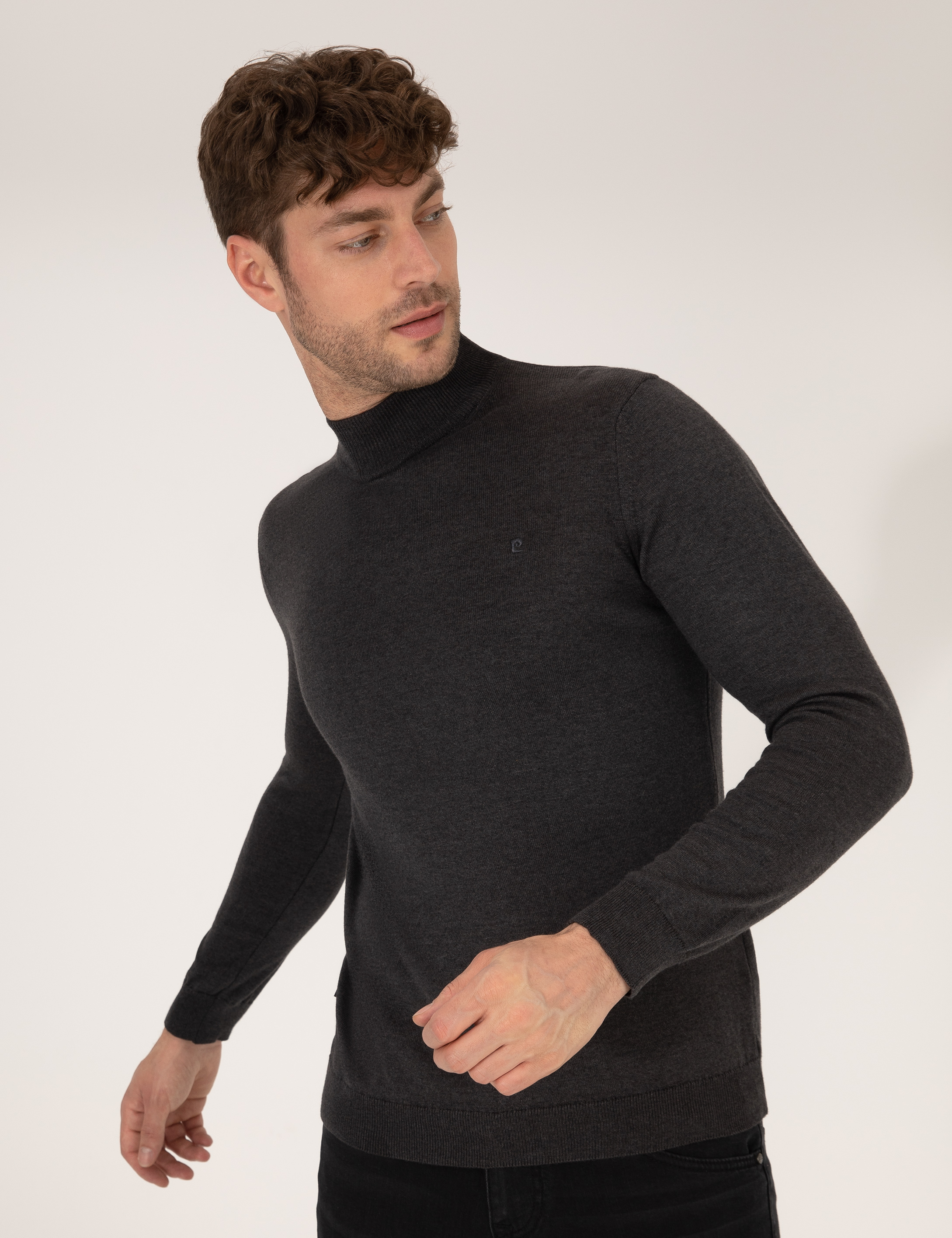 Antrasit Melanj Slim Fit Yarım Balıkçı Yaka Basic Triko Kazak - Image 1